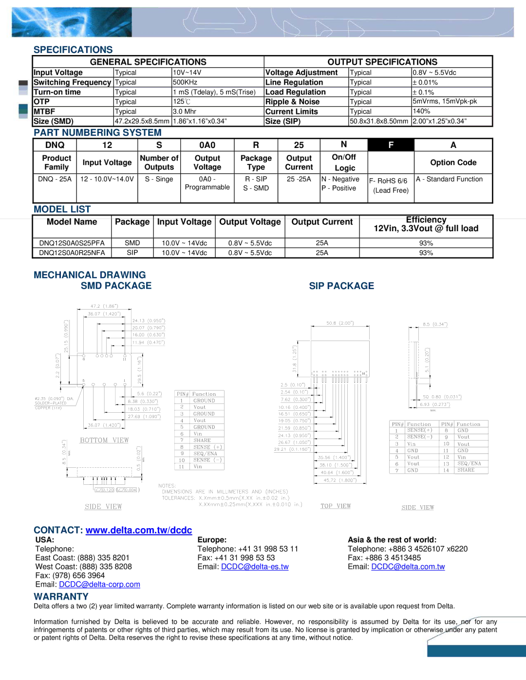 Delta Electronics DNQ12 Specifications, Part Numbering System, Model List, Mechanical Drawing SMD Package SIP Package 