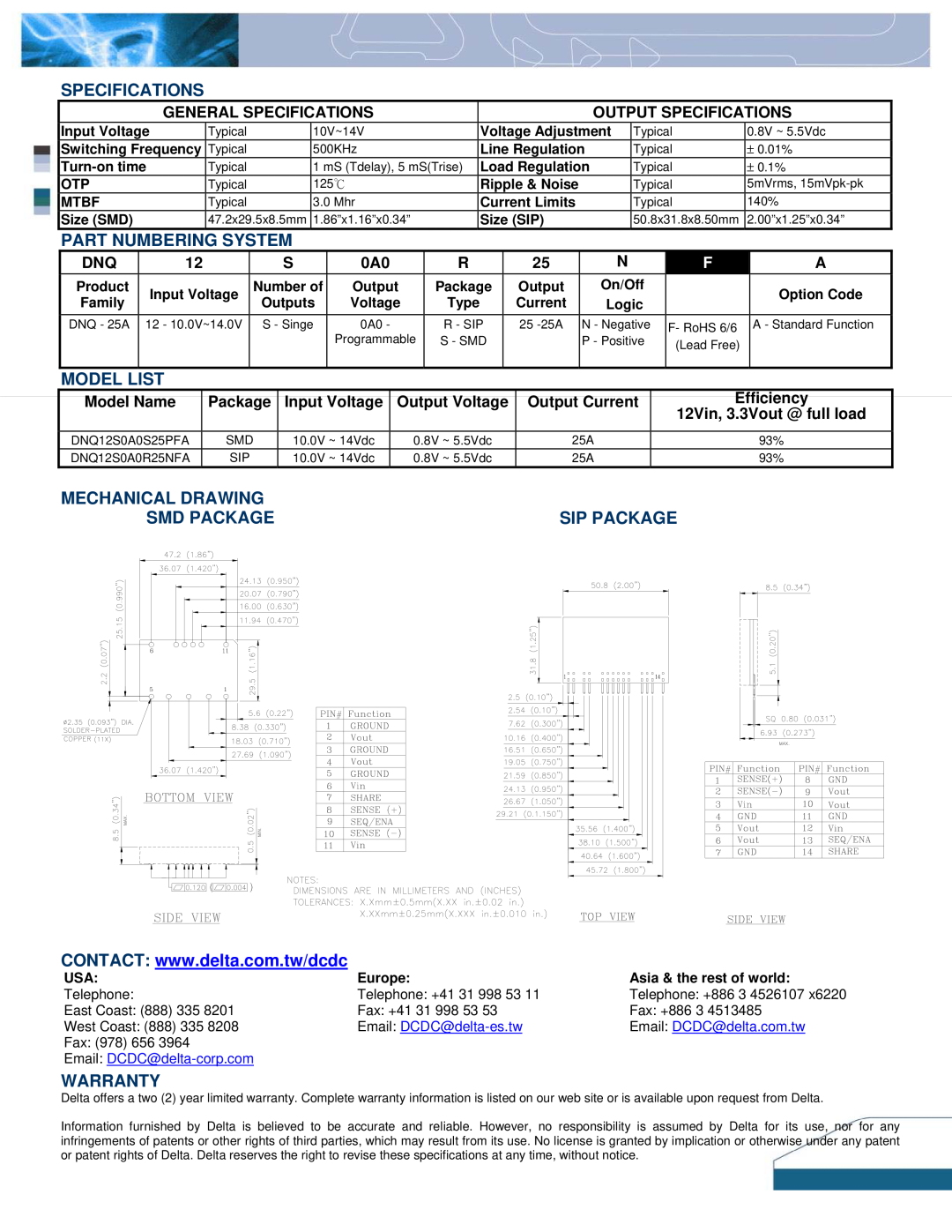 Delta Electronics DNQ12 Specifications, Part Numbering System, Model List, Mechanical Drawing, Smd Package, Sip Package 