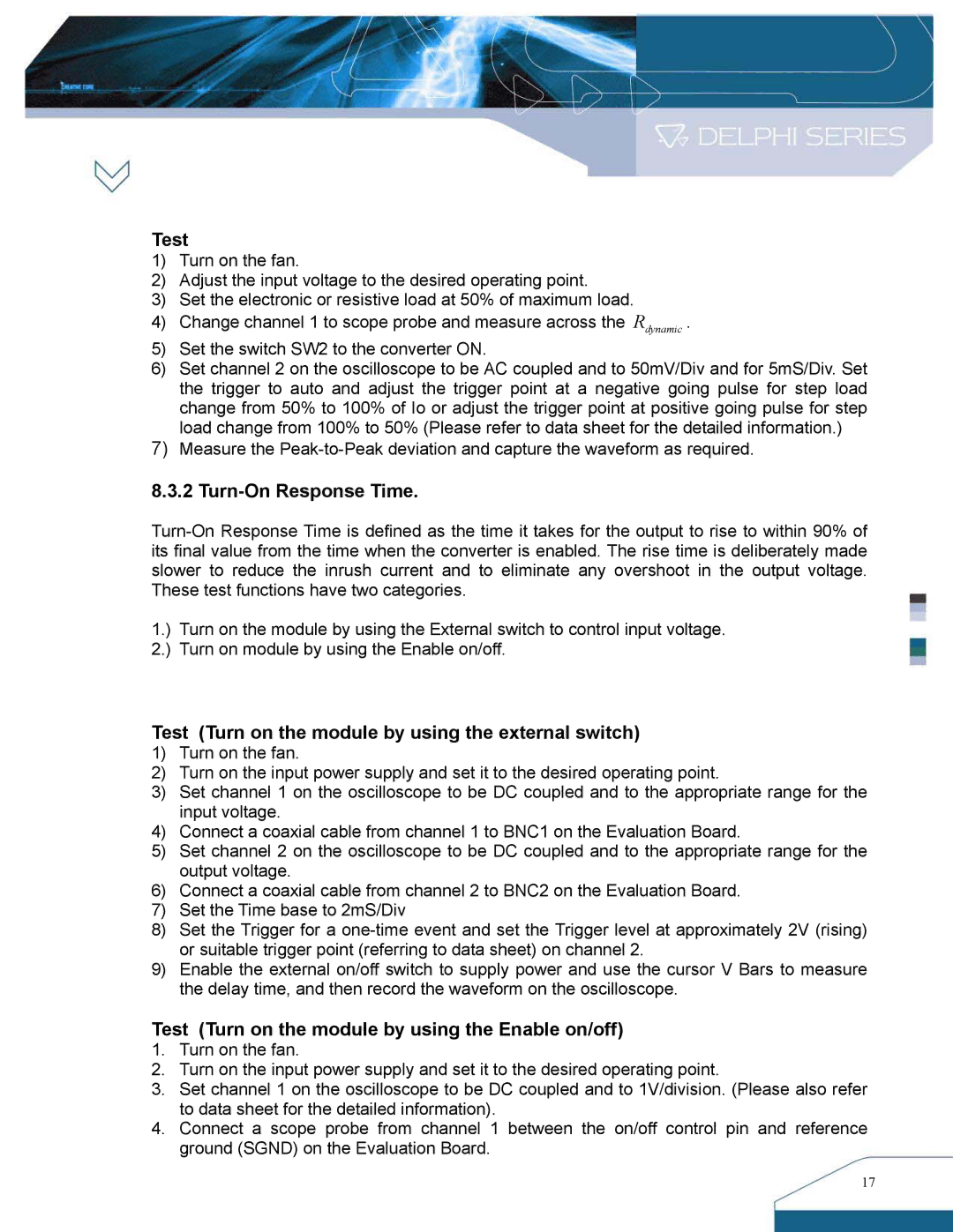 Delta Electronics DNS SIP Series manual Turn-On Response Time, Test Turn on the module by using the external switch 