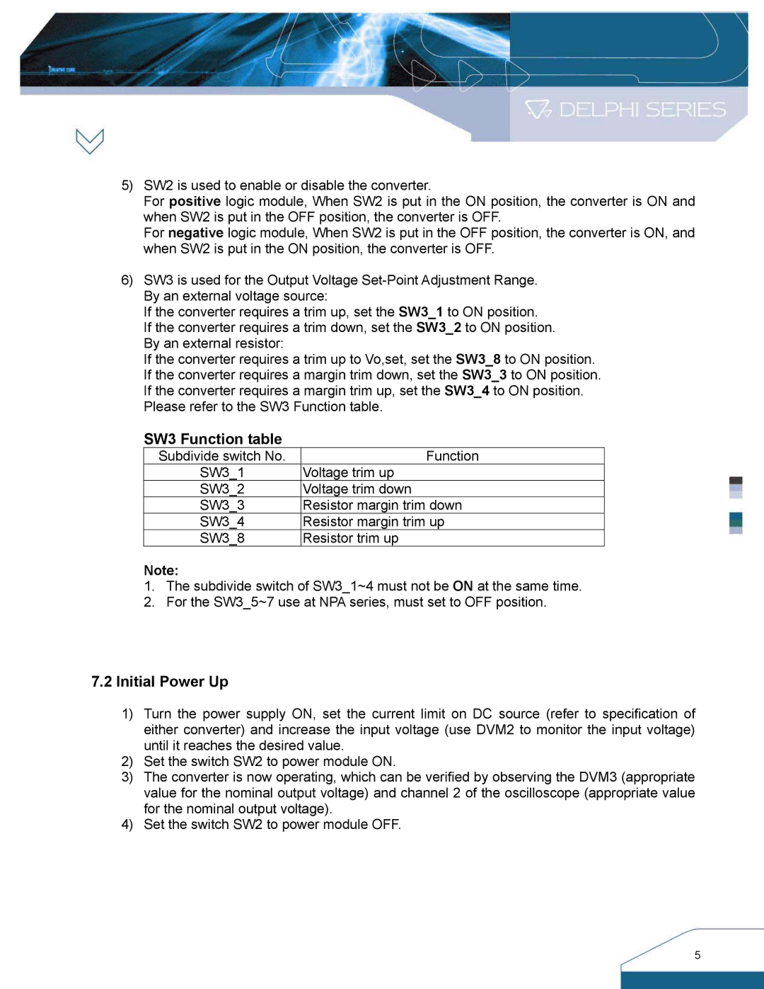 Delta Electronics DNS SIP Series manual SW3 Function table, Initial Power Up 