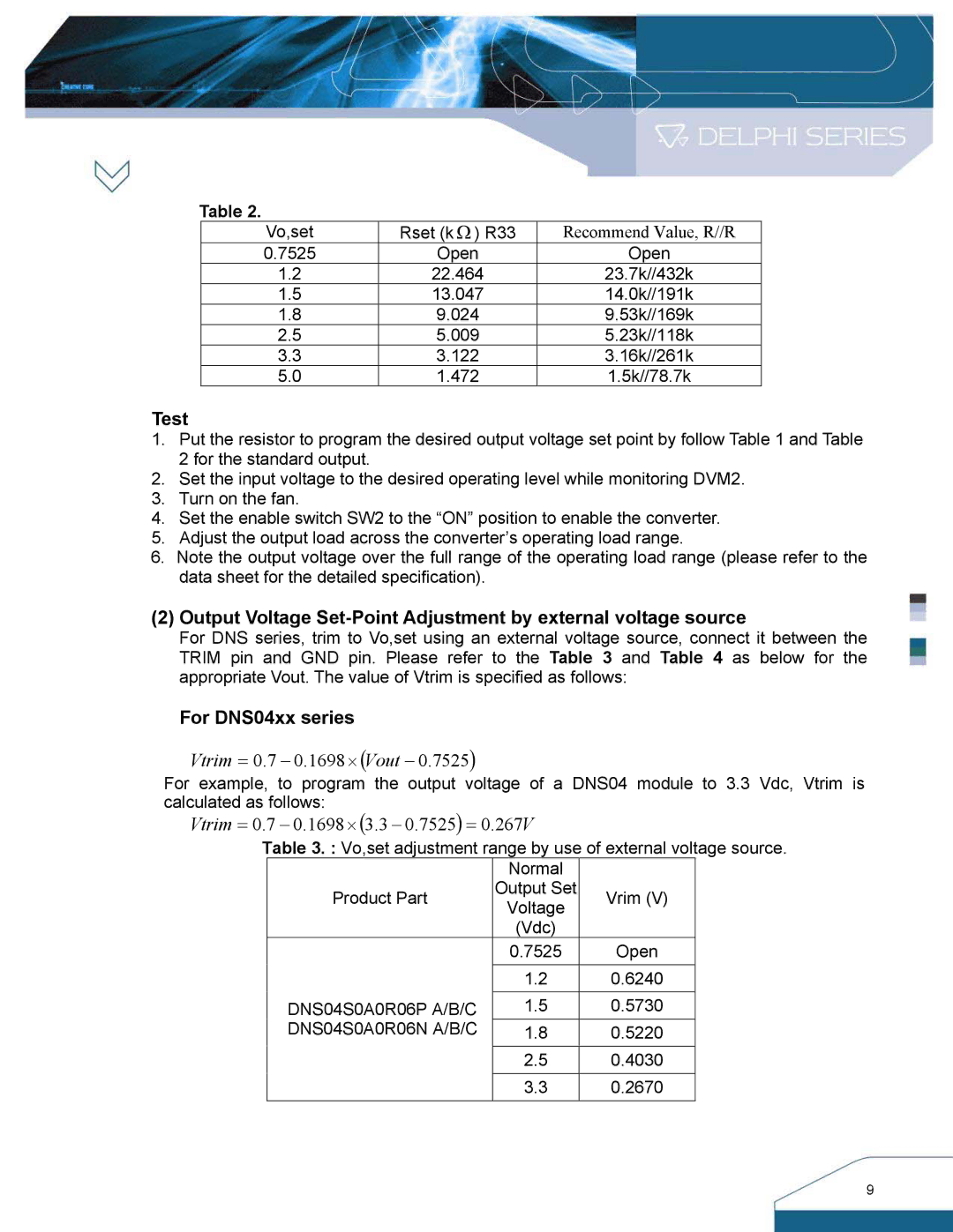 Delta Electronics DNS SIP Series manual For DNS04xx series, Vtrim = 0.7 − 0.1698 ⋅ Vout 