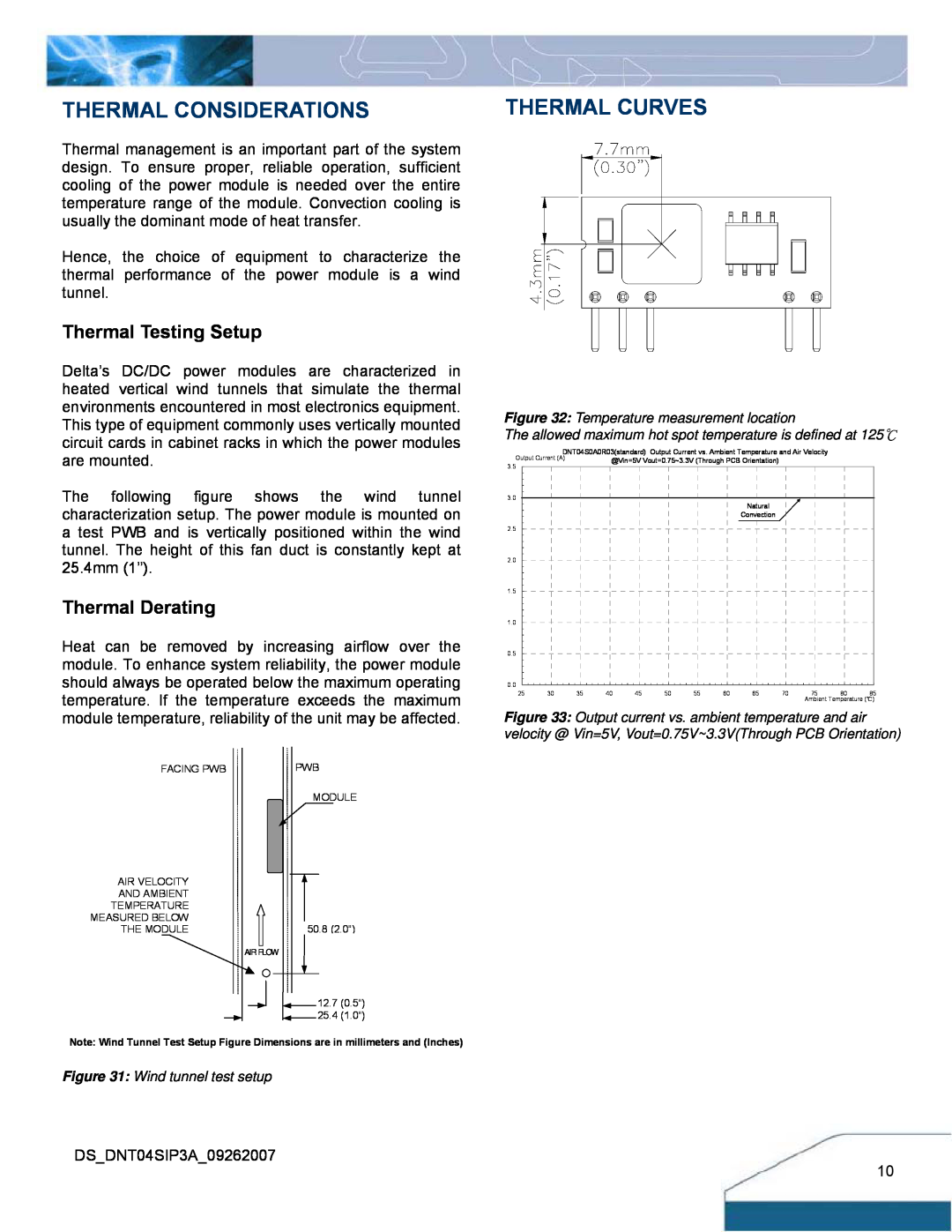 Delta Electronics DNT04 manual Thermal Considerations, Thermal Curves, Thermal Testing Setup, Thermal Derating 