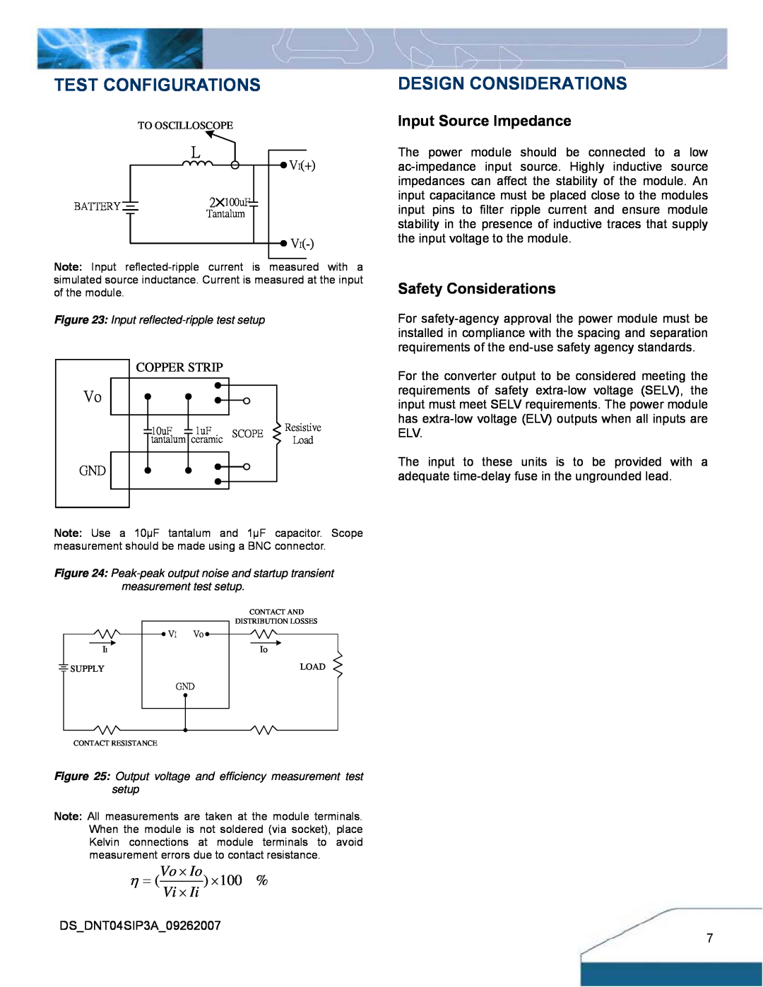 Delta Electronics DNT04 Test Configurations, Design Considerations, Input Source Impedance, Safety Considerations, Vi ⋅ 