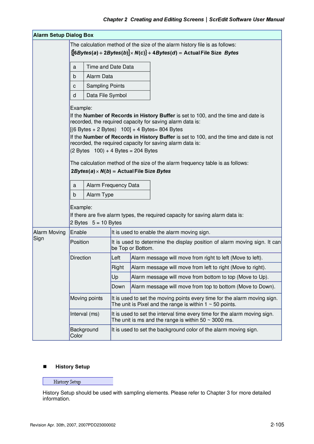 Delta Electronics DOP-A Series, DOP-AE Series 6Bytesa + 2Bytesb⋅ Nc + 4Bytesd = Actual File Size Bytes, „ History Setup 