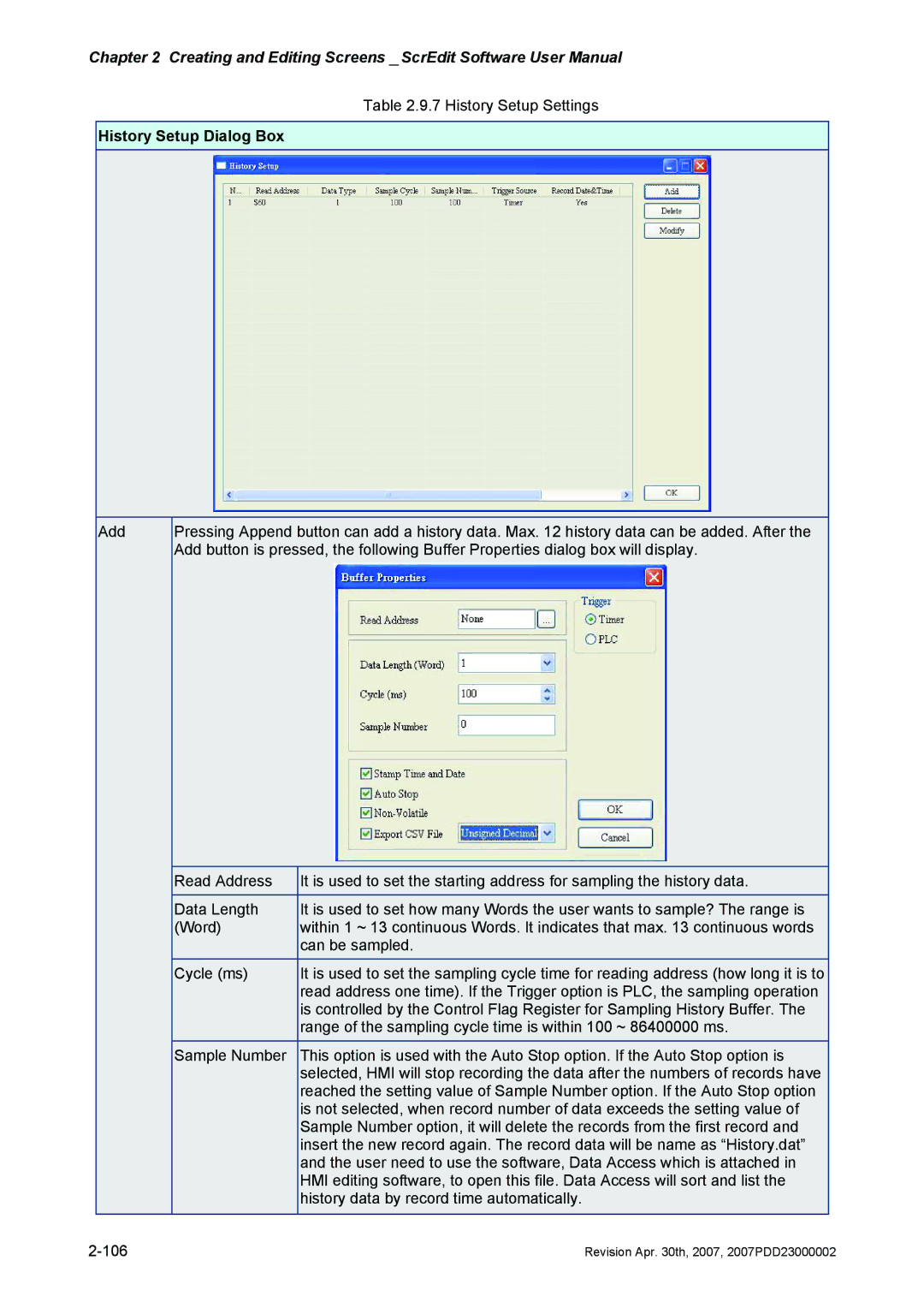 Delta Electronics DOP-AE Series, DOP-AS Series, DOP-A Series manual History Setup Dialog Box 