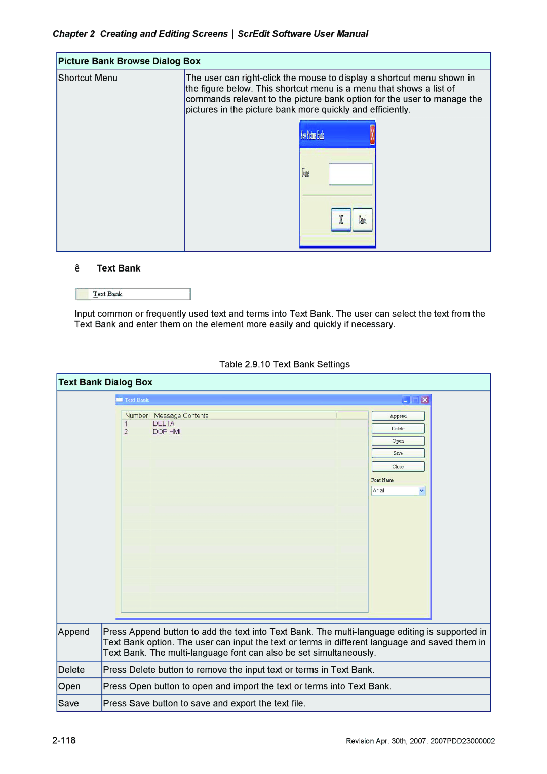 Delta Electronics DOP-AE Series, DOP-AS Series, DOP-A Series manual „ Text Bank, Text Bank Dialog Box 