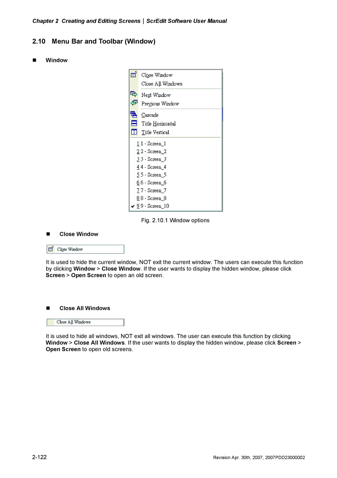 Delta Electronics DOP-AS Series, DOP-AE Series Menu Bar and Toolbar Window, „ Window, „ Close Window, „ Close All Windows 