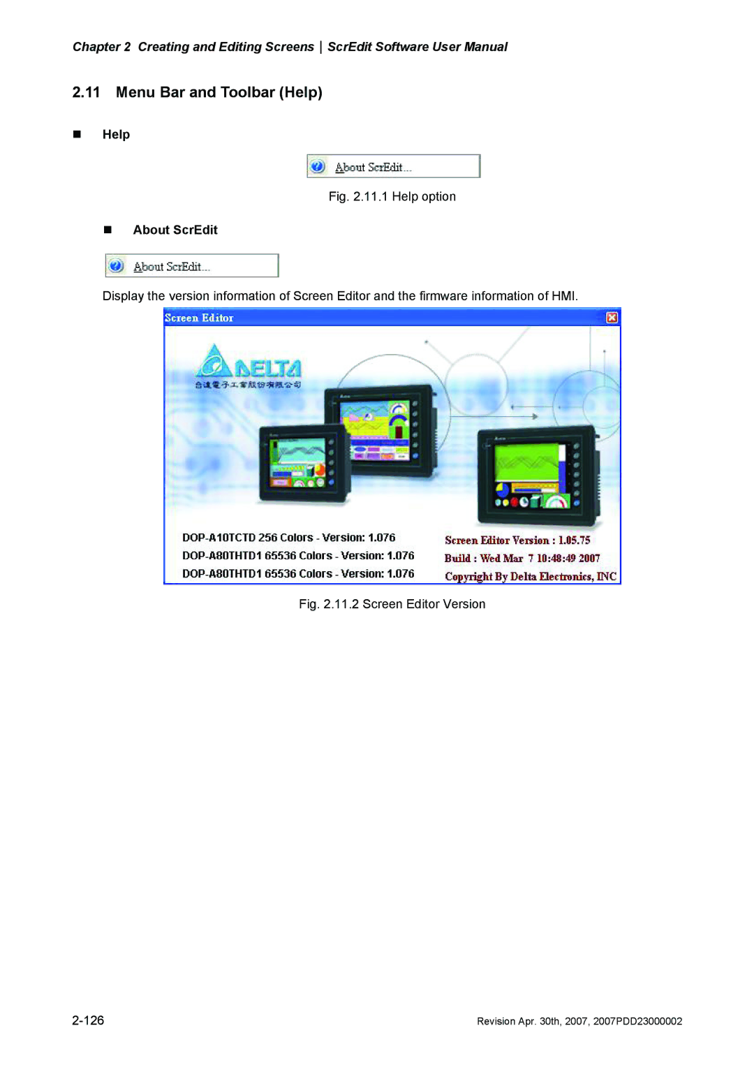 Delta Electronics DOP-A Series, DOP-AE Series, DOP-AS Series manual Menu Bar and Toolbar Help, „ Help, „ About ScrEdit 
