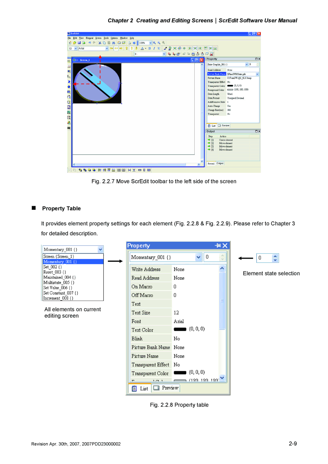 Delta Electronics DOP-A Series, DOP-AE Series manual Move ScrEdit toolbar to the left side of the screen, „ Property Table 