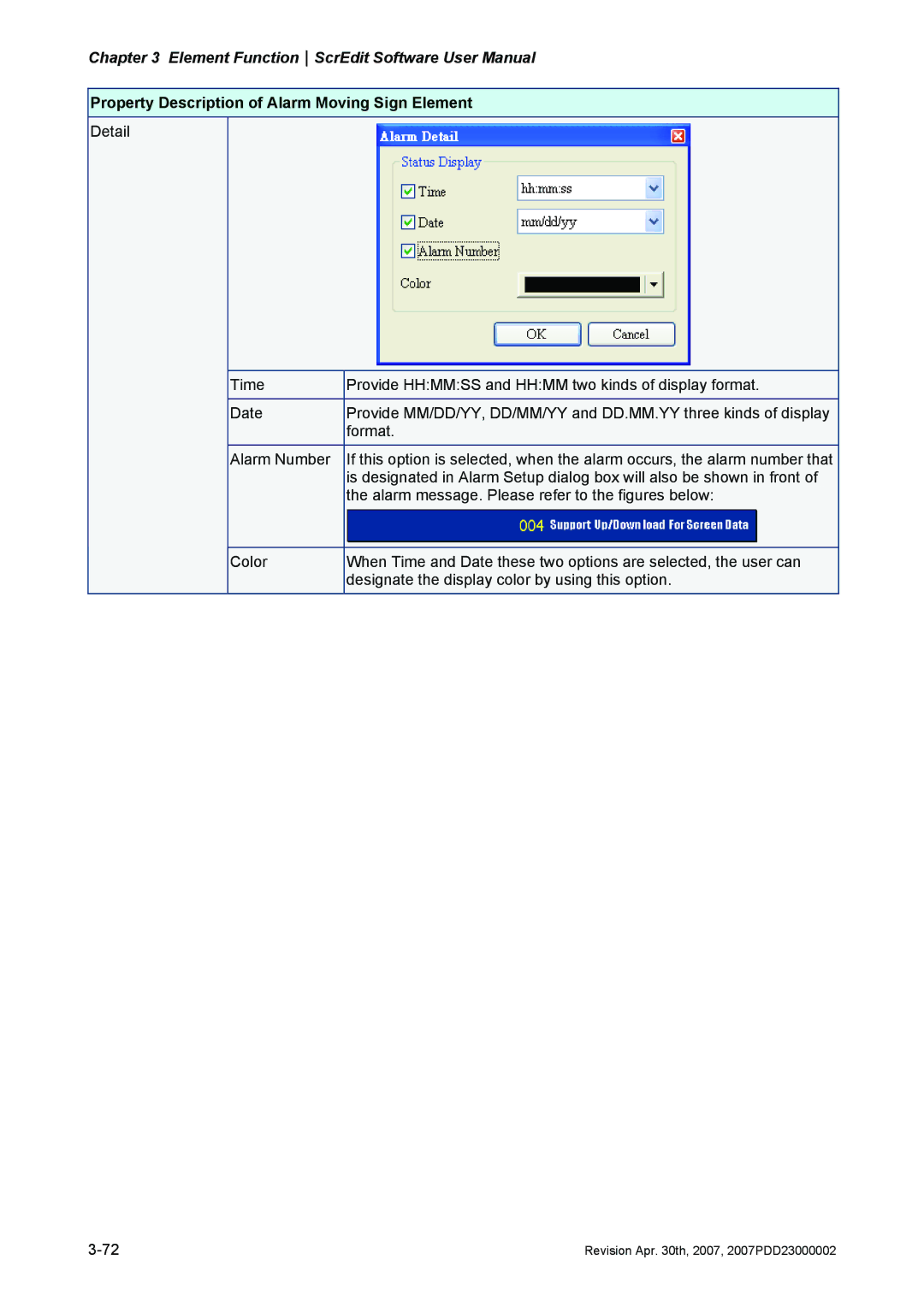 Delta Electronics DOP-A Series, DOP-AE Series, DOP-AS Series manual Property Description of Alarm Moving Sign Element 