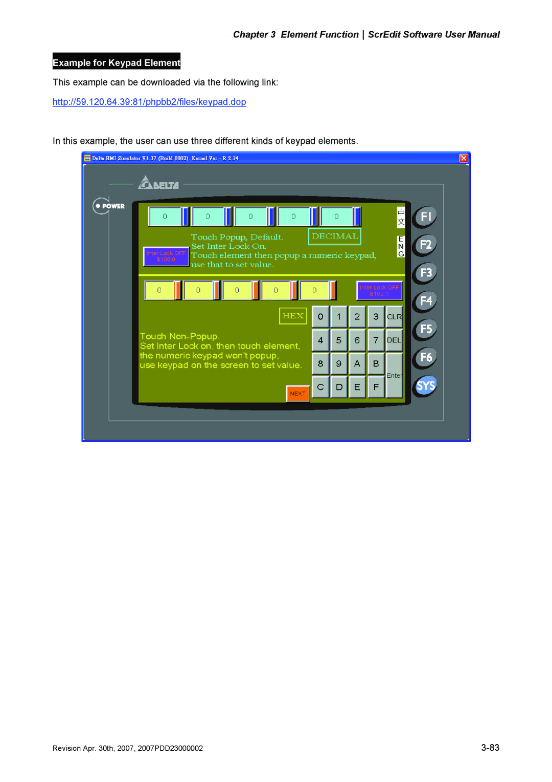 Delta Electronics DOP-AS Series, DOP-AE Series, DOP-A Series manual Example for Keypad Element 