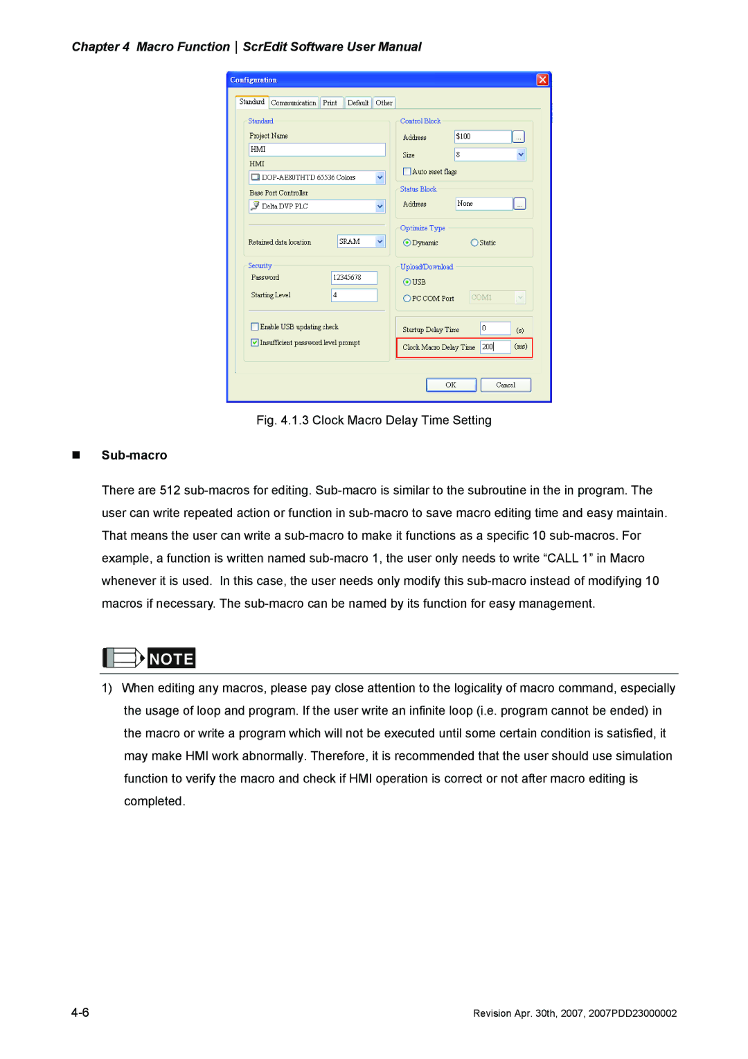 Delta Electronics DOP-A Series, DOP-AE Series, DOP-AS Series manual Clock Macro Delay Time Setting, „ Sub-macro 