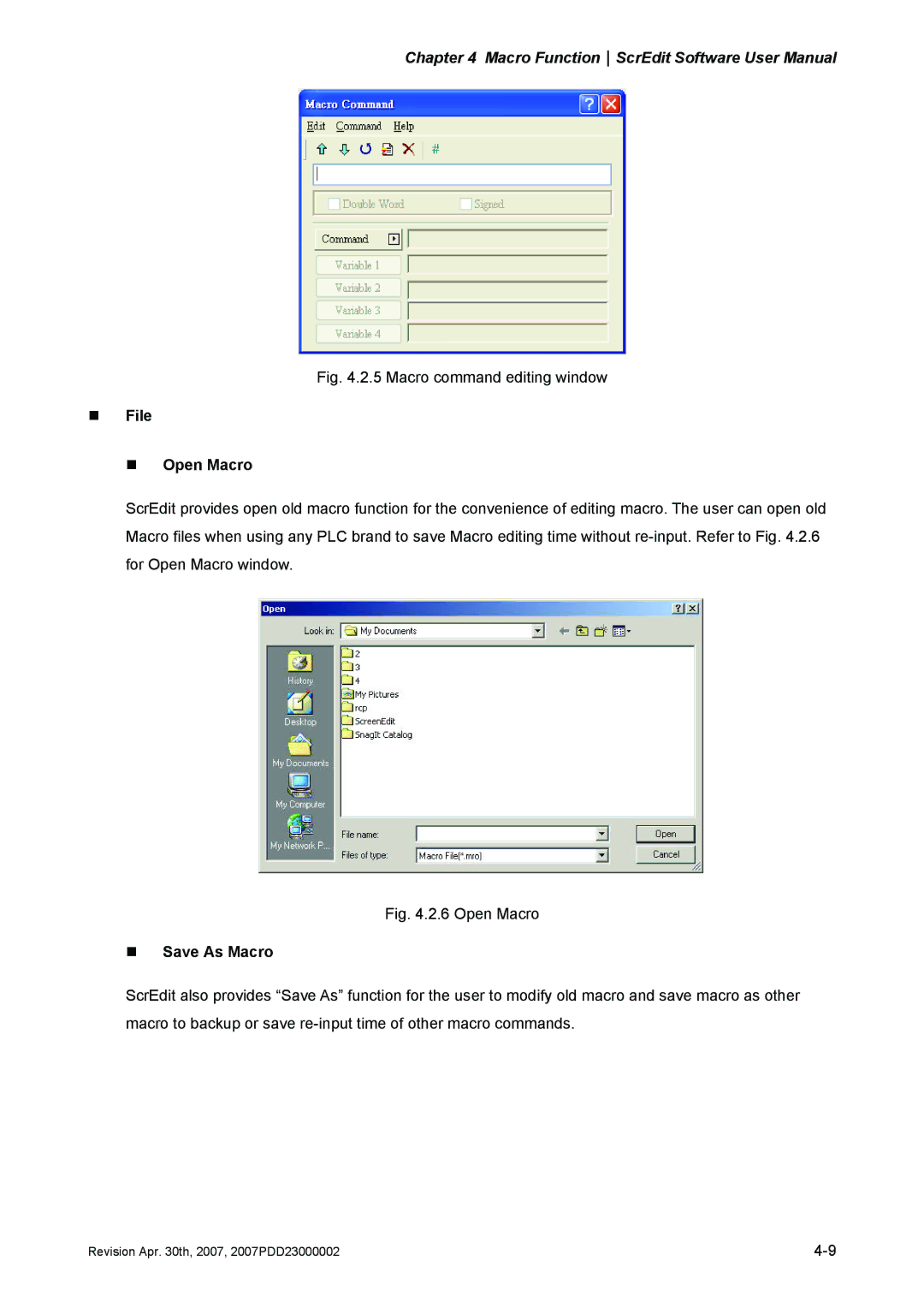 Delta Electronics DOP-A Series, DOP-AE Series, DOP-AS Series manual „ File „ Open Macro, „ Save As Macro 