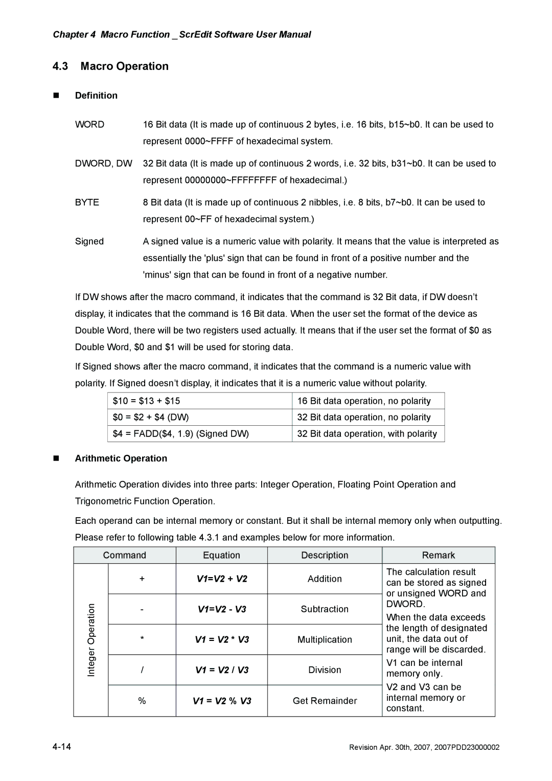 Delta Electronics DOP-AS Series, DOP-AE Series, DOP-A Series manual Macro Operation, „ Definition, „ Arithmetic Operation 