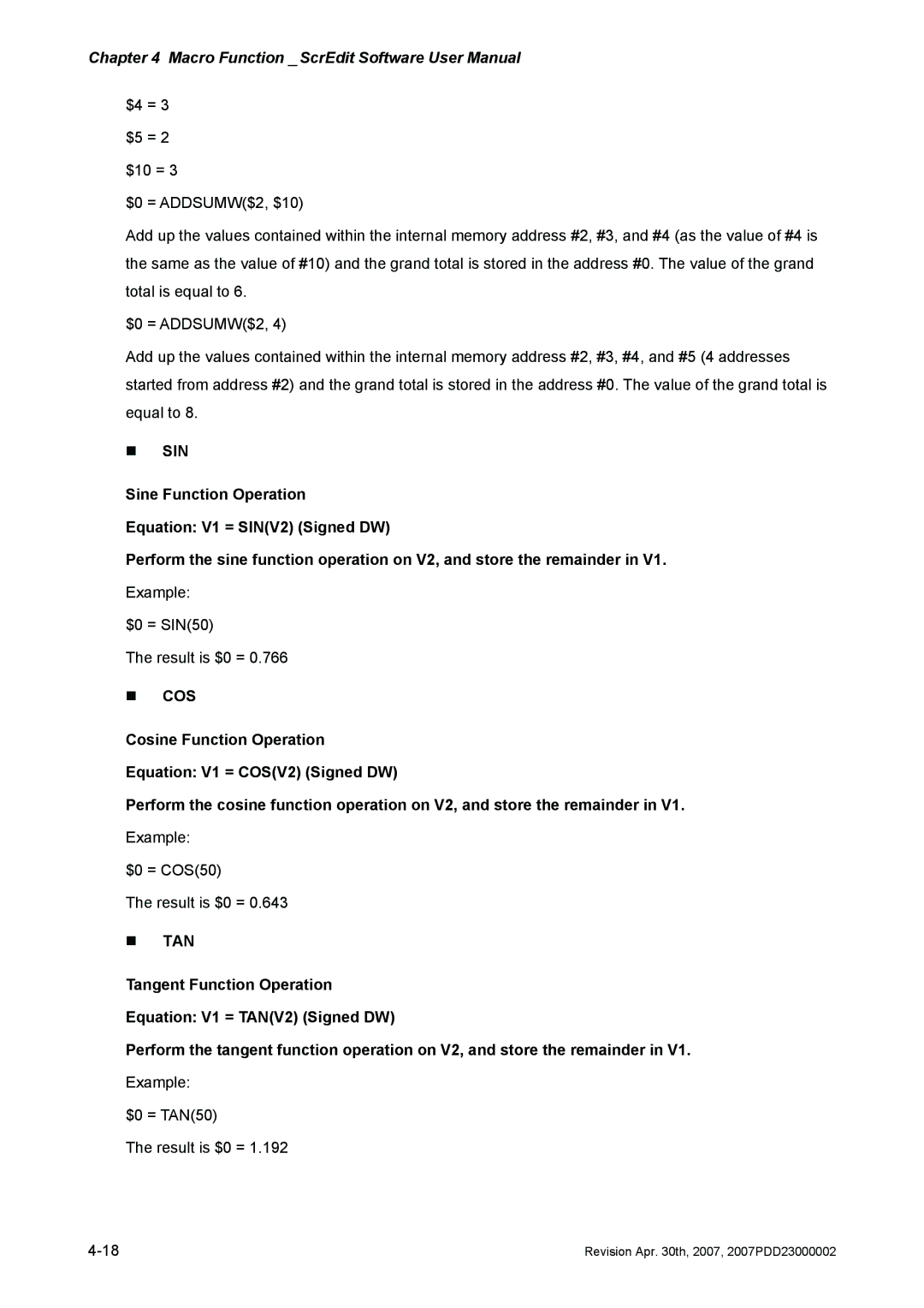 Delta Electronics DOP-A Series, DOP-AE Series, DOP-AS Series manual „ Sin, „ Cos, „ Tan 