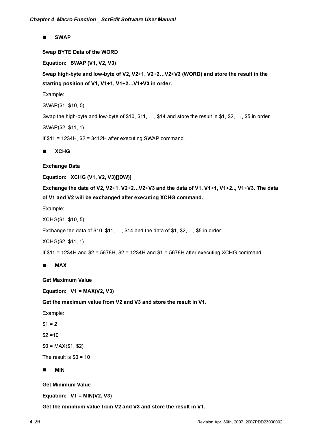 Delta Electronics DOP-AS Series, DOP-AE Series, DOP-A Series manual „ Swap, „ Xchg, „ Max, „ Min 