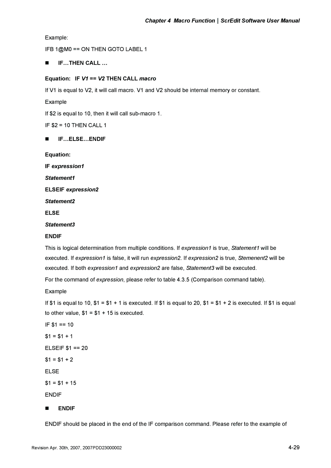 Delta Electronics DOP-AS Series, DOP-AE Series, DOP-A Series manual „ IF…THEN Call …, „ If…Else…Endif, „ Endif 