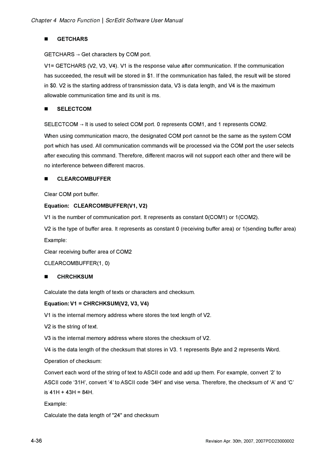 Delta Electronics DOP-A Series, DOP-AE Series, DOP-AS Series manual „ Getchars, „ Selectcom, „ Clearcombuffer, „ Chrchksum 