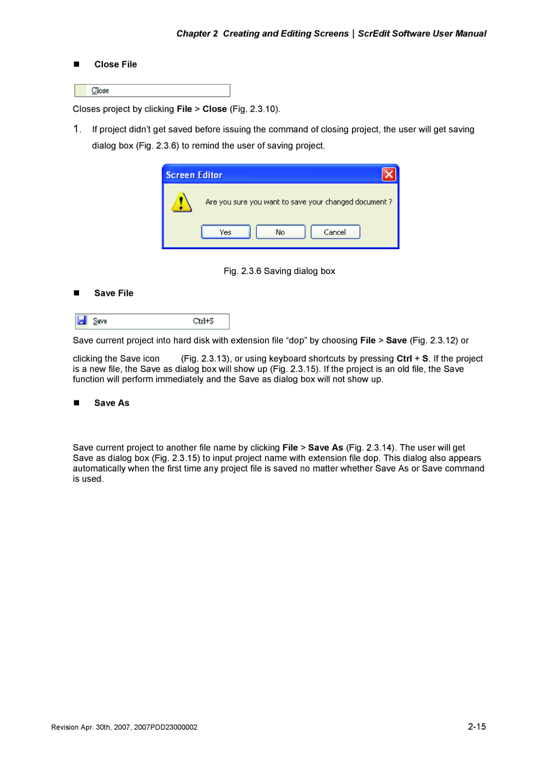 Delta Electronics DOP-A Series, DOP-AE Series, DOP-AS Series manual „ Close File, „ Save File, „ Save As 