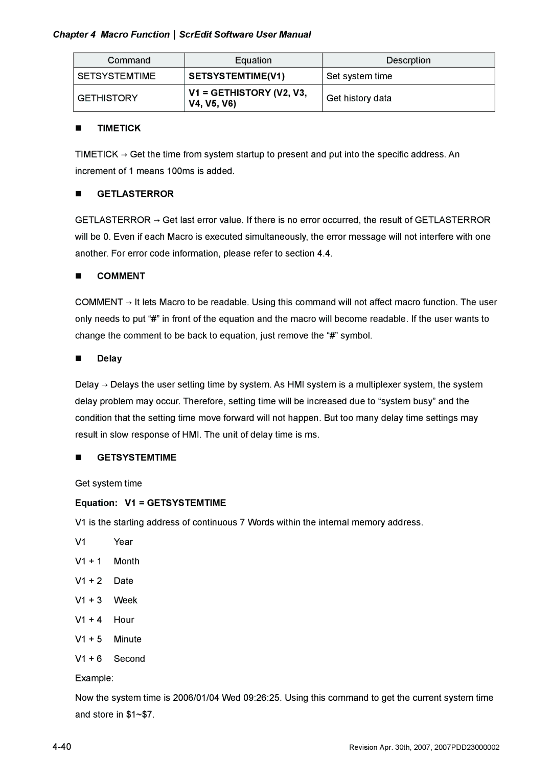 Delta Electronics DOP-AE Series, DOP-AS Series SETSYSTEMTIMEV1, V1 = Gethistory V2, „ Timetick, „ Getlasterror, „ Comment 