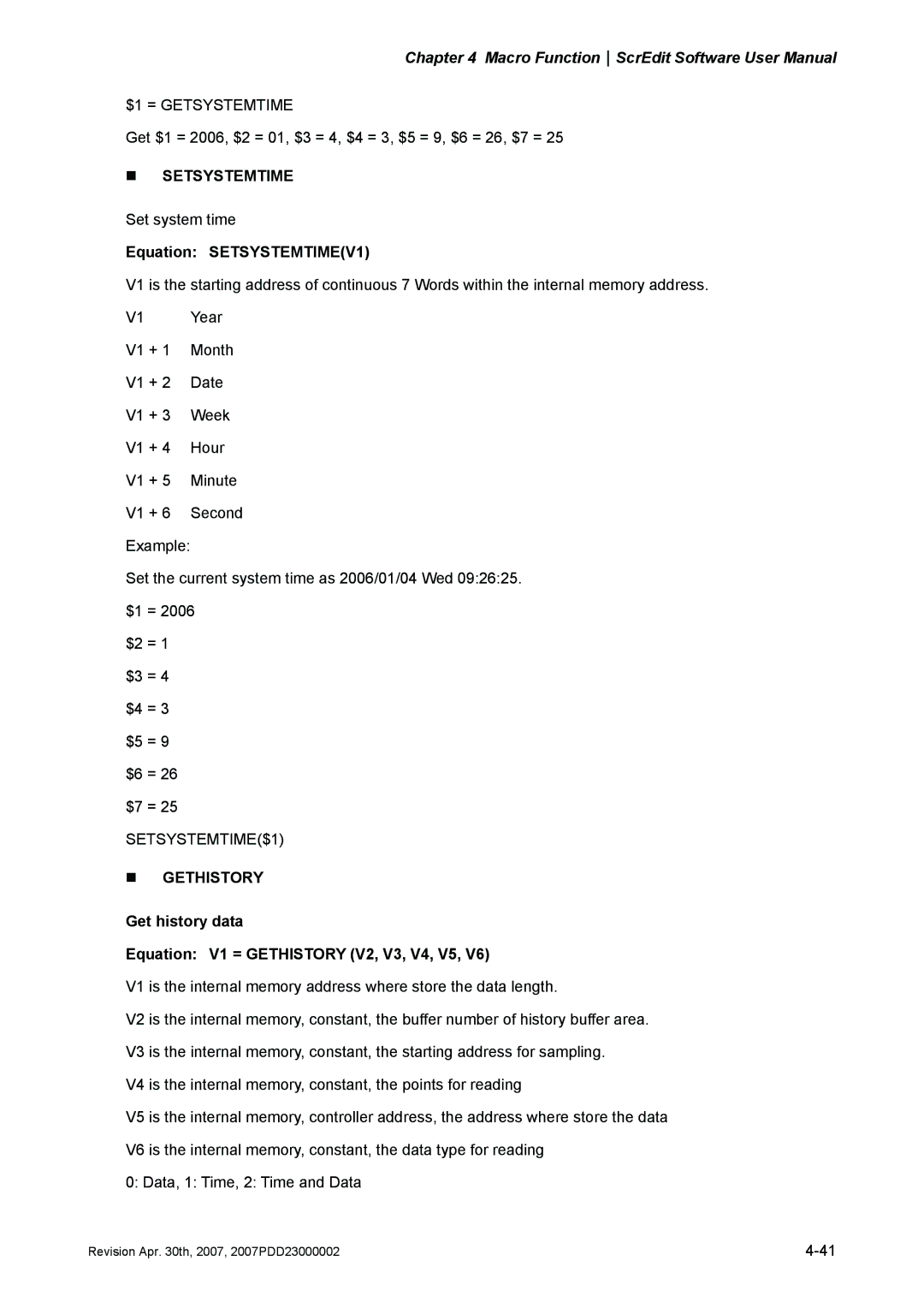 Delta Electronics DOP-AS Series, DOP-AE Series, DOP-A Series manual „ Setsystemtime, Equation SETSYSTEMTIMEV1, „ Gethistory 