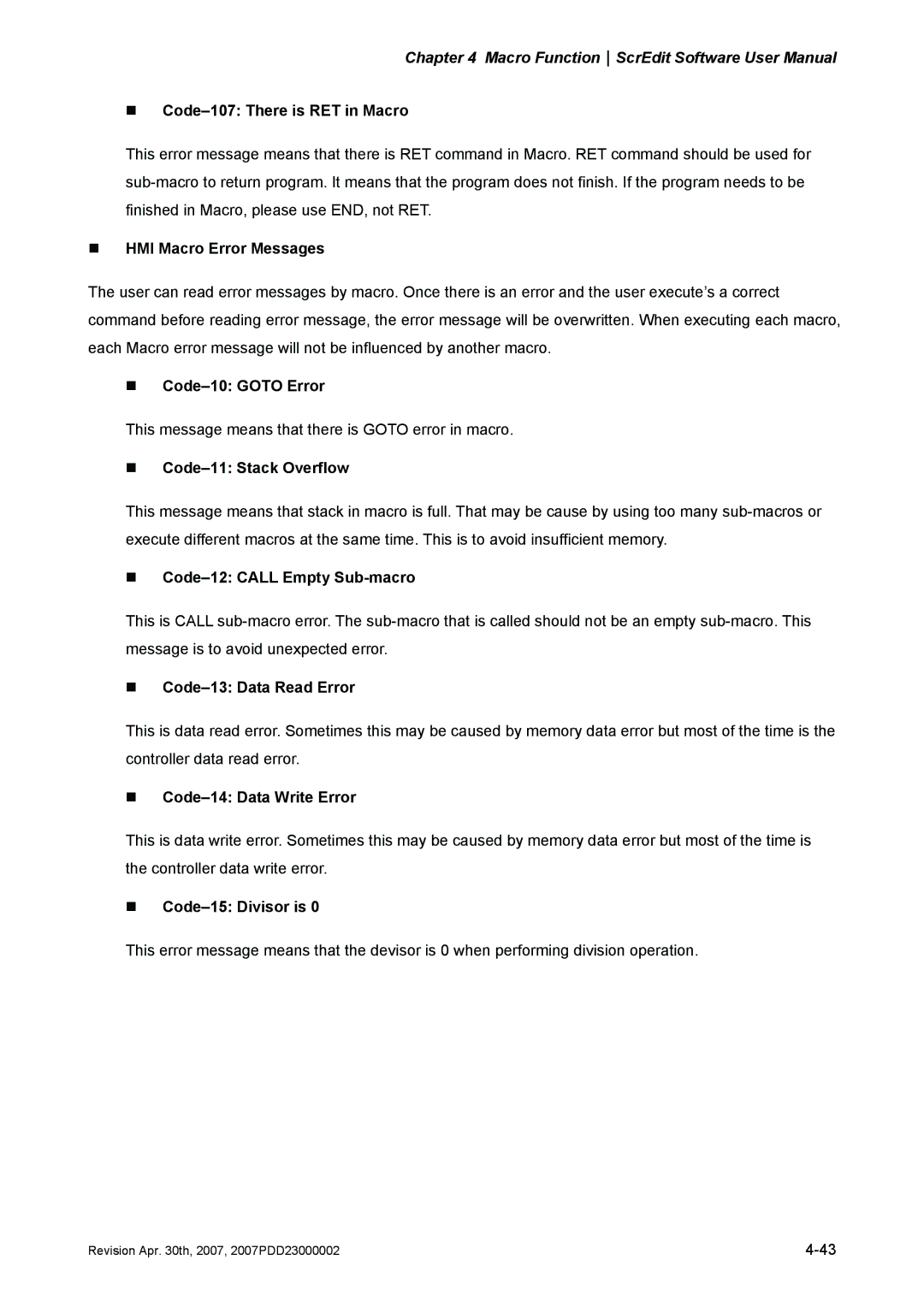 Delta Electronics DOP-AE Series manual „ Code-107 There is RET in Macro, „ HMI Macro Error Messages, „ Code-10 Goto Error 