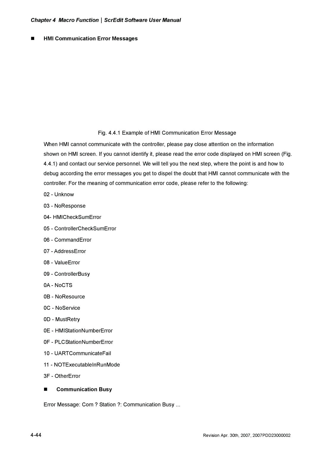 Delta Electronics DOP-AS Series, DOP-AE Series, DOP-A Series manual „ HMI Communication Error Messages, „ Communication Busy 