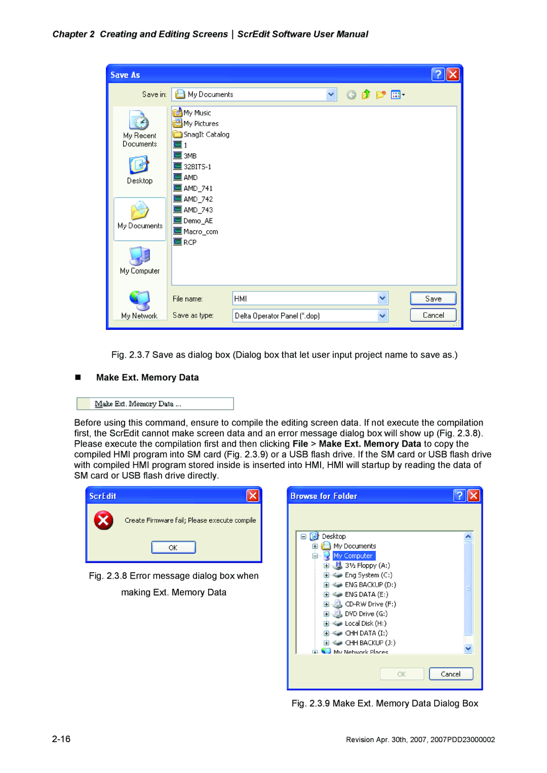 Delta Electronics DOP-AE Series manual „ Make Ext. Memory Data, Error message dialog box when Making Ext. Memory Data 