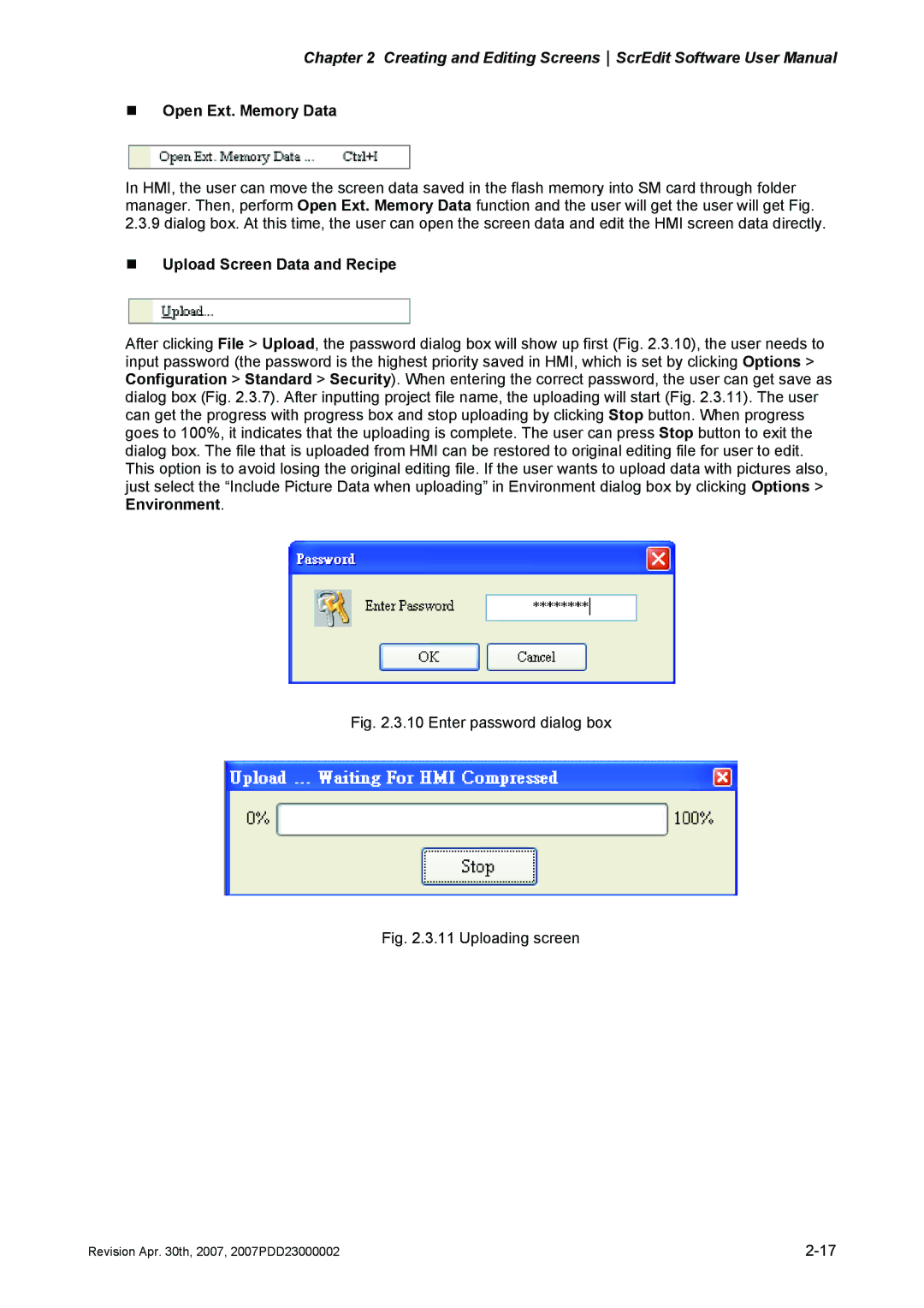 Delta Electronics DOP-AS Series, DOP-AE Series, DOP-A Series manual „ Open Ext. Memory Data, „ Upload Screen Data and Recipe 