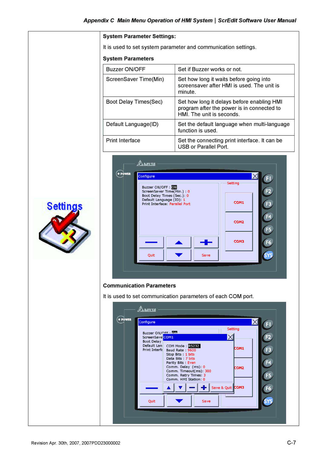 Delta Electronics DOP-A Series, DOP-AE Series manual System Parameter Settings, System Parameters, Communication Parameters 