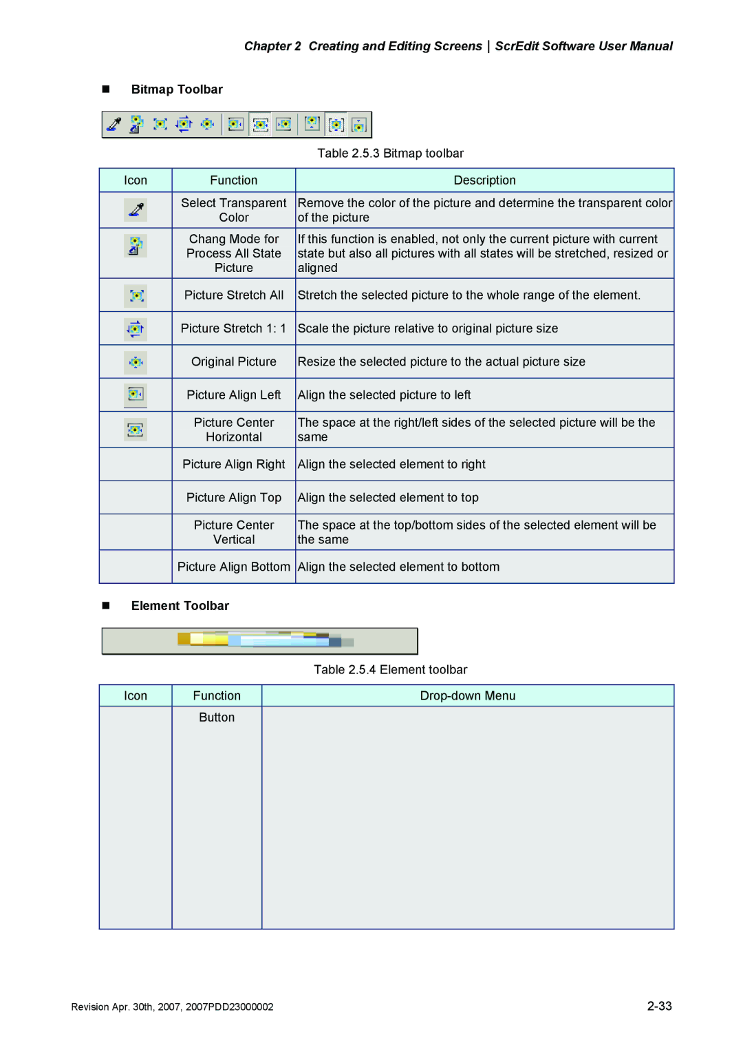 Delta Electronics DOP-A Series, DOP-AE Series, DOP-AS Series manual „ Bitmap Toolbar, „ Element Toolbar 