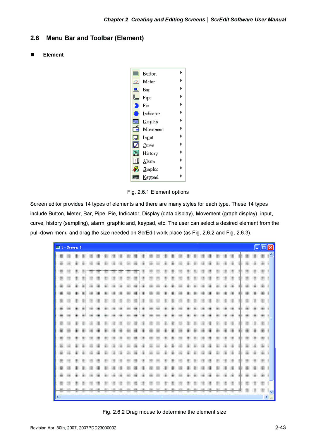 Delta Electronics DOP-AE Series, DOP-AS Series, DOP-A Series manual Menu Bar and Toolbar Element, „ Element 