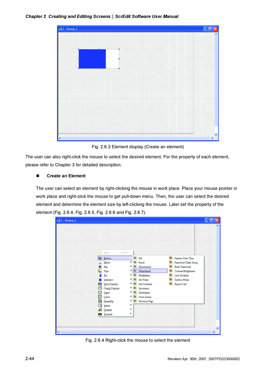 Delta Electronics DOP-AS Series, DOP-AE Series manual „ Create an Element, Right-click the mouse to select the element 