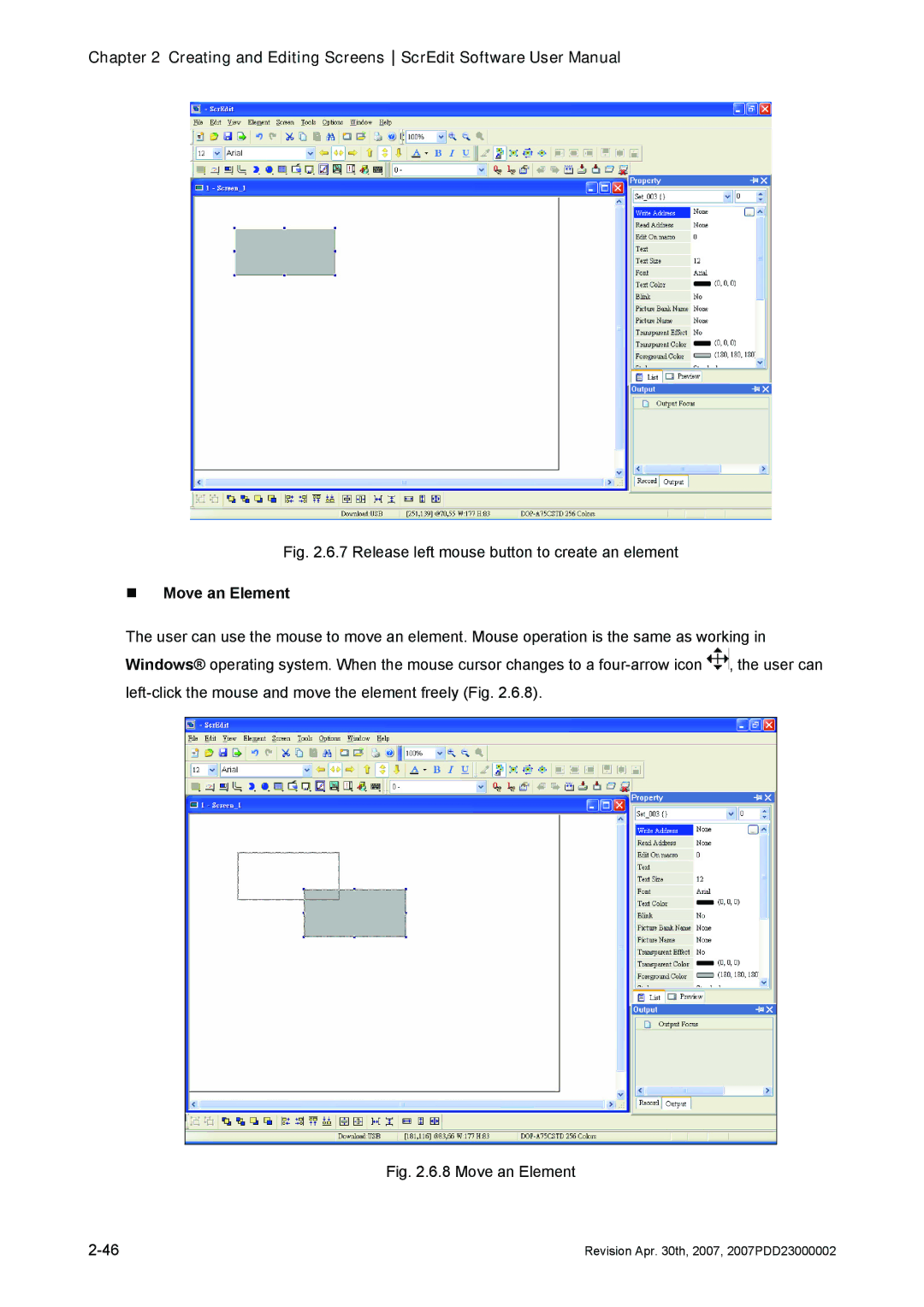 Delta Electronics DOP-AE Series, DOP-AS Series manual Release left mouse button to create an element, „ Move an Element 