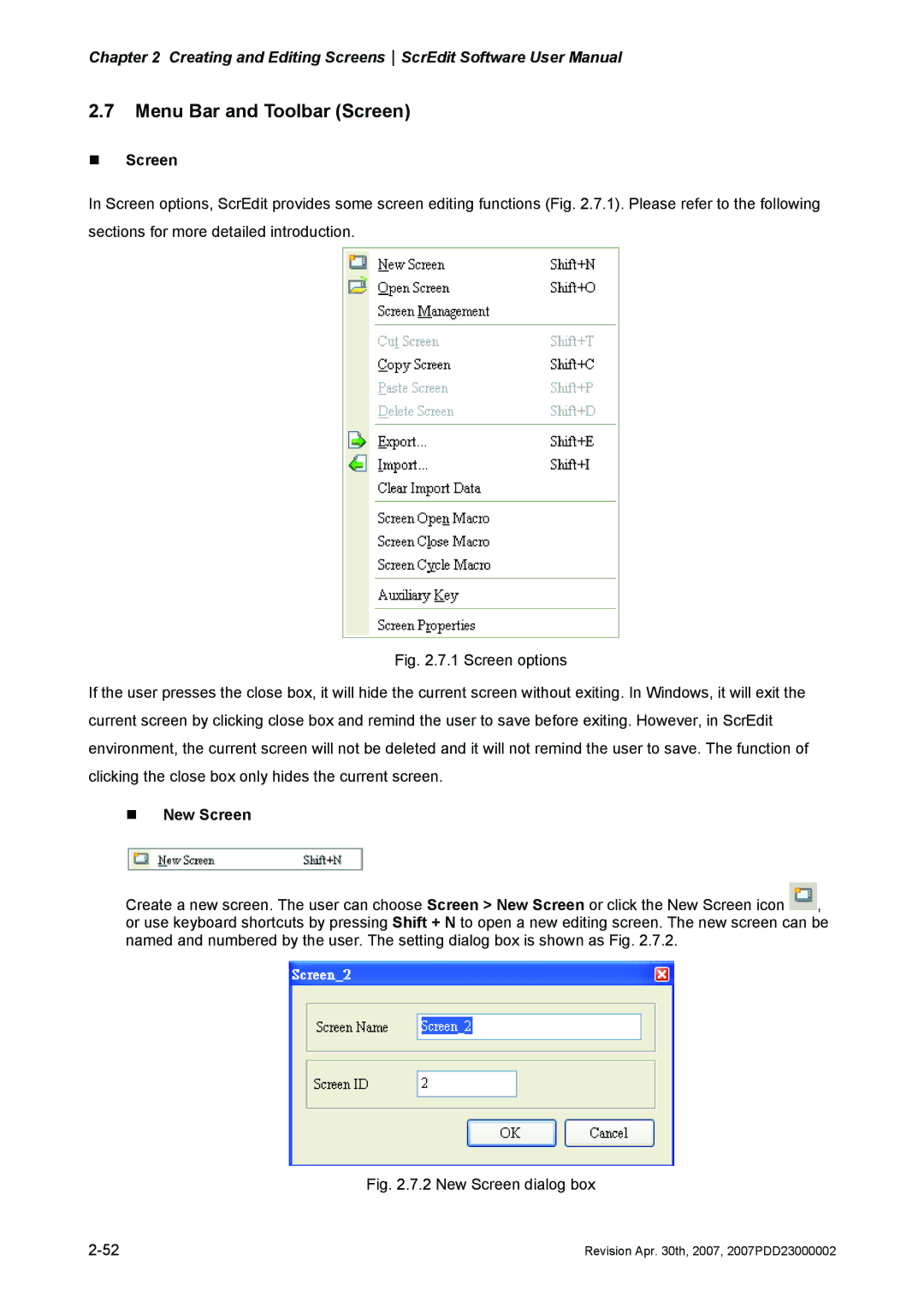 Delta Electronics DOP-AE Series, DOP-AS Series, DOP-A Series manual Menu Bar and Toolbar Screen, „ Screen, „ New Screen 