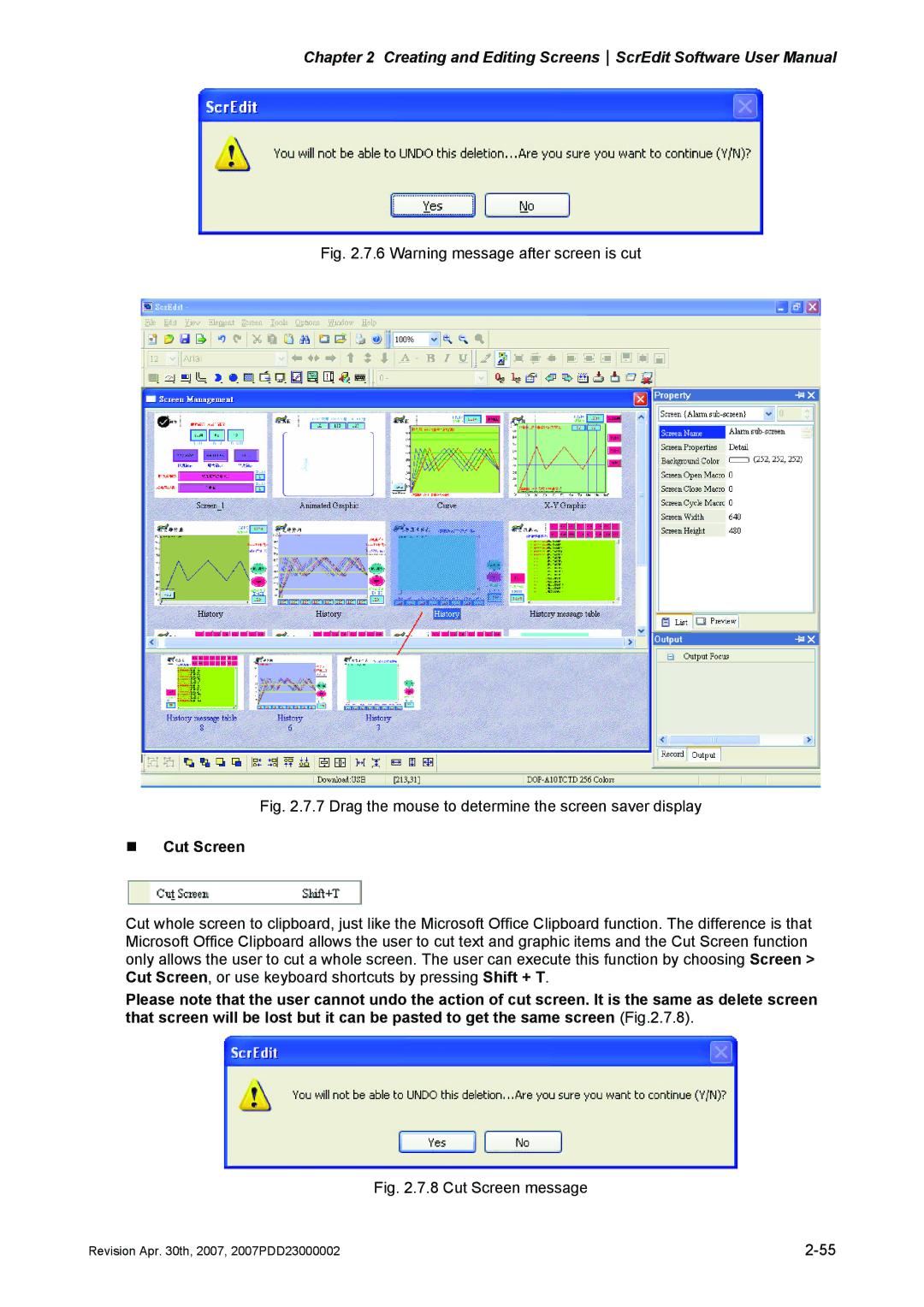 Delta Electronics DOP-AE Series, DOP-AS Series, DOP-A Series manual Warning message after screen is cut, „ Cut Screen 