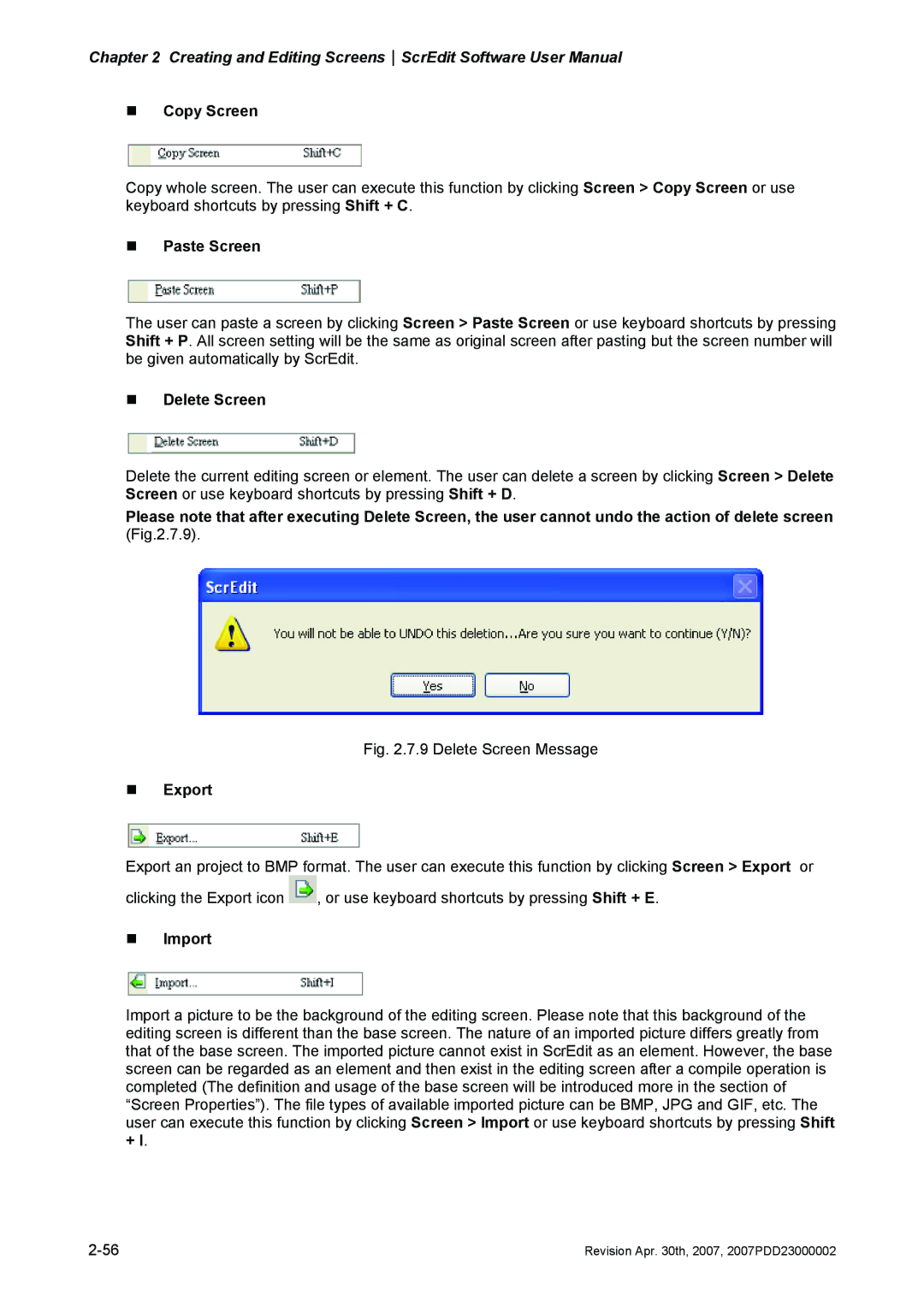 Delta Electronics DOP-AS Series, DOP-AE Series manual „ Copy Screen, „ Paste Screen, „ Delete Screen, „ Export, „ Import 