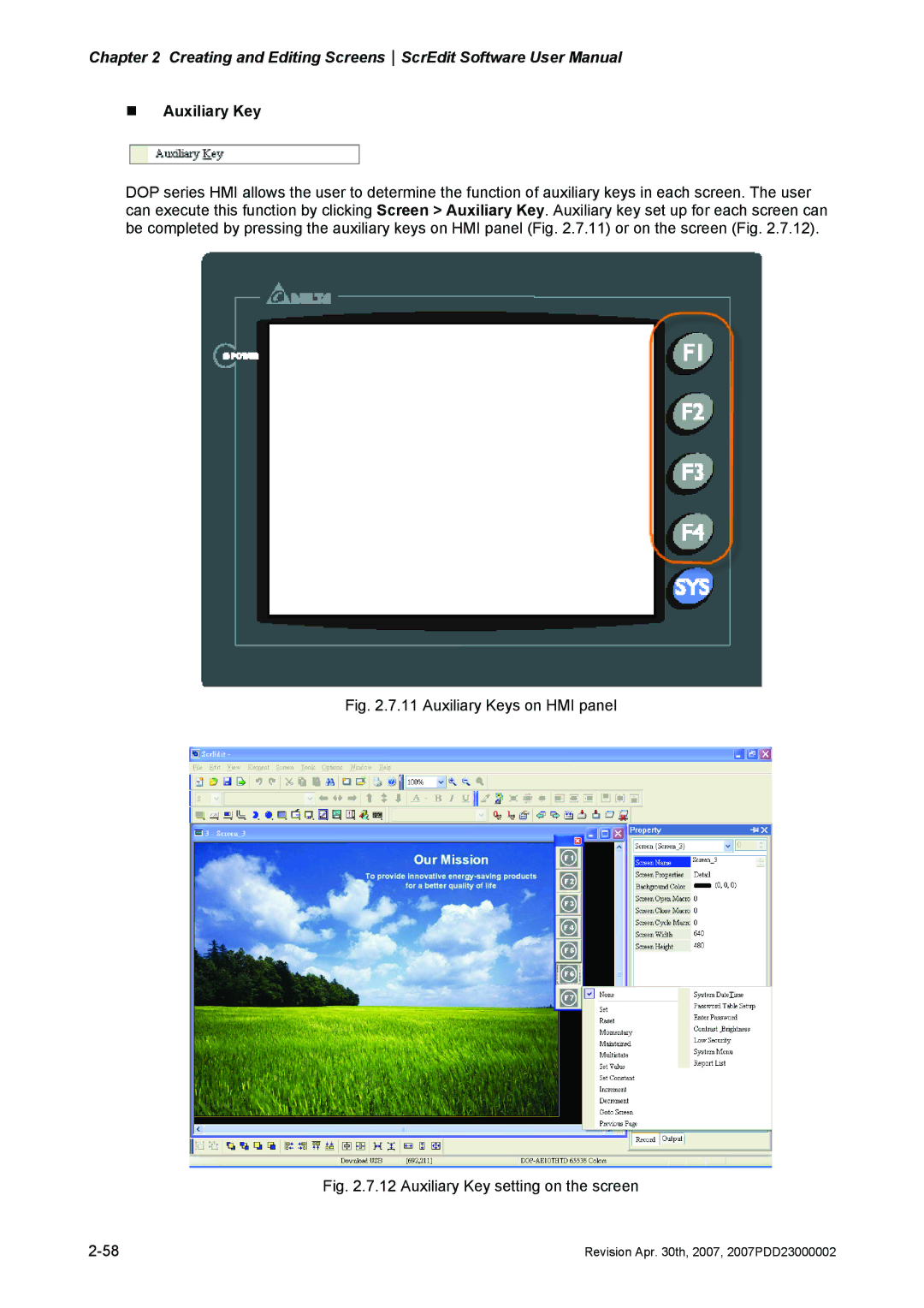 Delta Electronics DOP-AE Series, DOP-AS Series, DOP-A Series manual „ Auxiliary Key, Auxiliary Keys on HMI panel 