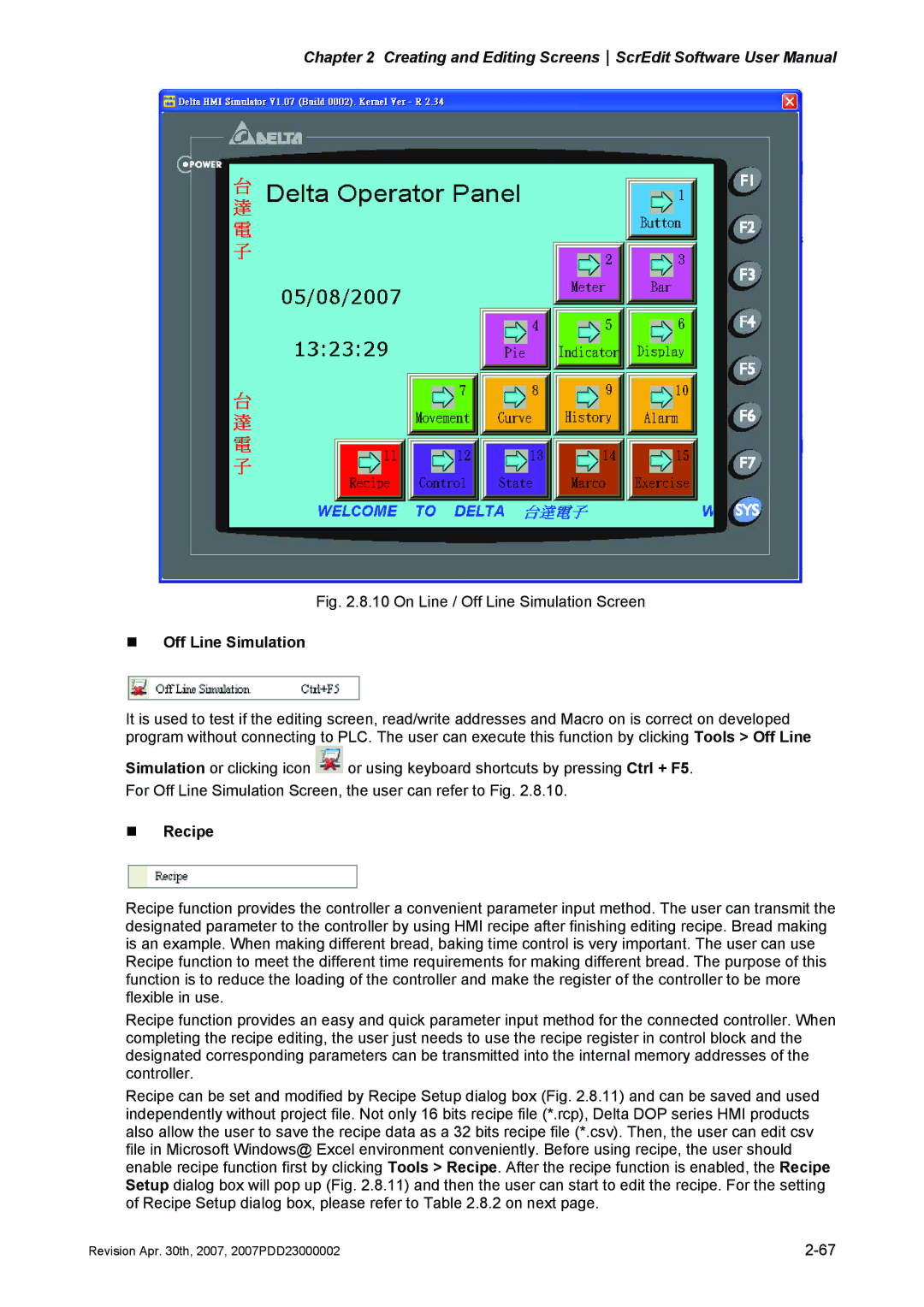 Delta Electronics DOP-AE Series, DOP-AS Series, DOP-A Series manual „ Off Line Simulation, „ Recipe 