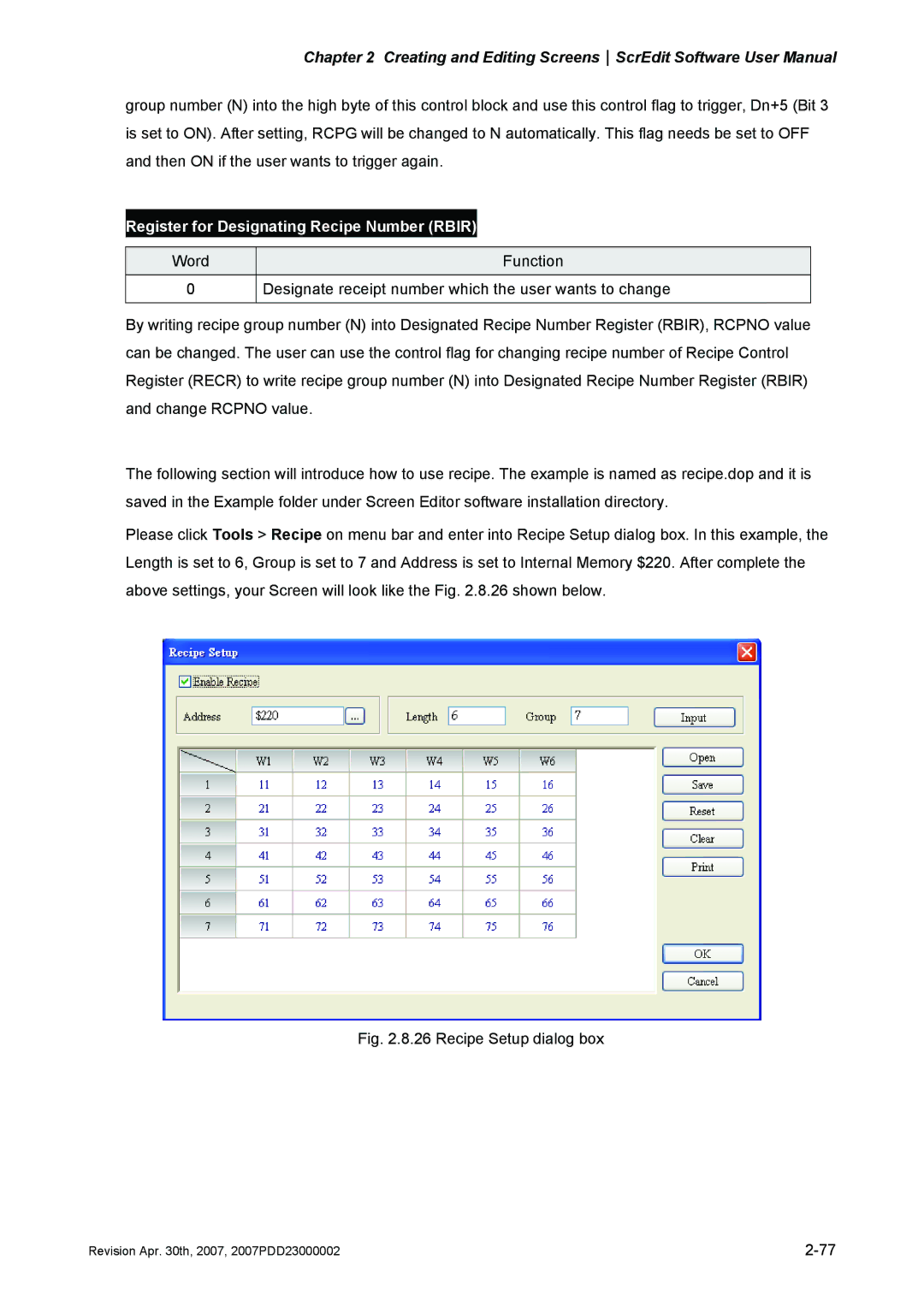 Delta Electronics DOP-AS Series, DOP-AE Series, DOP-A Series manual Register for Designating Recipe Number Rbir 