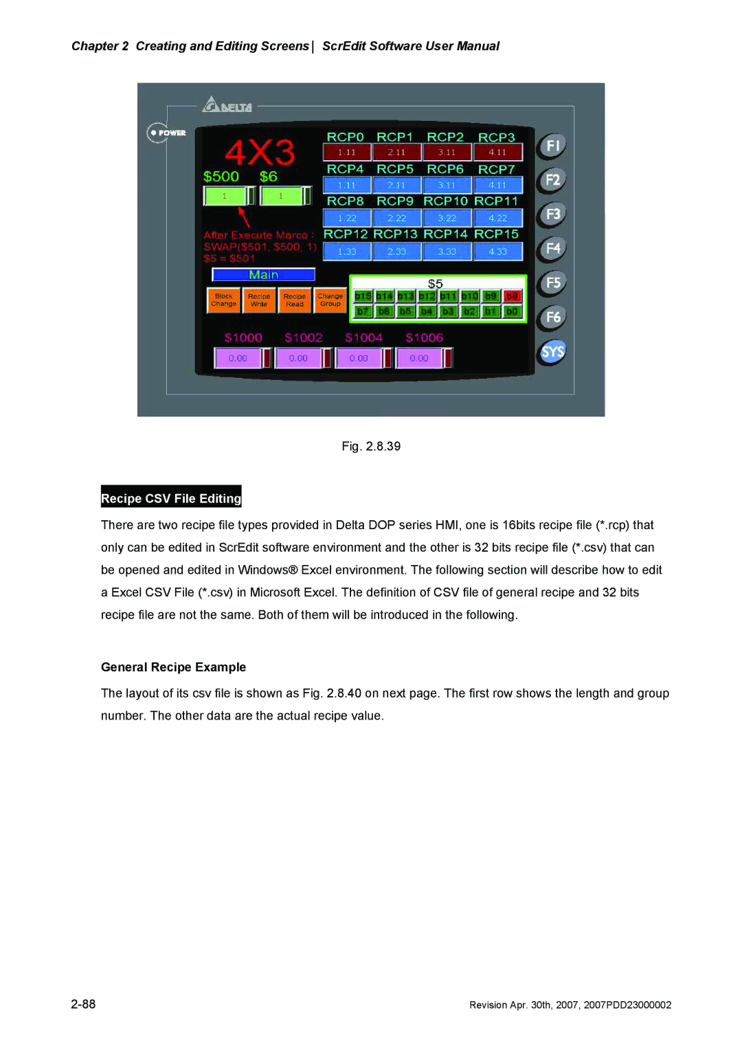 Delta Electronics DOP-AE Series, DOP-AS Series, DOP-A Series manual Recipe CSV File Editing, General Recipe Example 