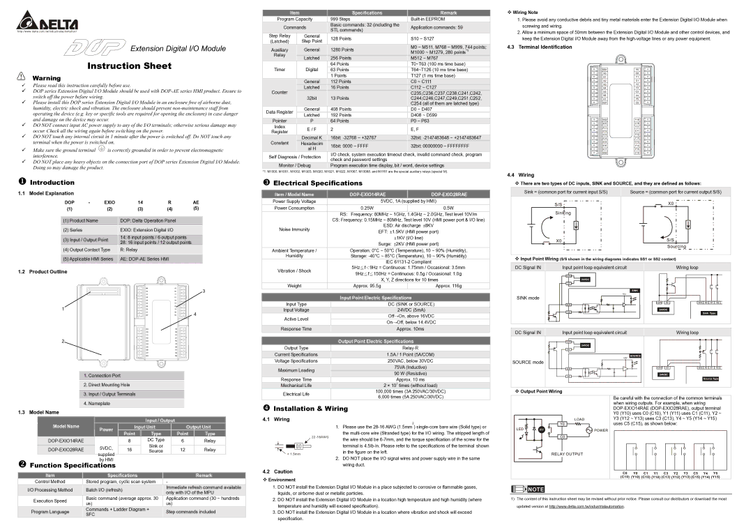 Delta Electronics DOP-EXIO28RAE instruction sheet Introduction, Function Specifications, Electrical Specifications 