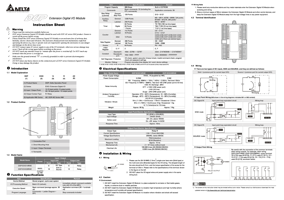 Delta Electronics DOP-EXIO28RAE instruction sheet Instruction Sheet, Extension Digital I/O Module, X Introduction, Wiring 