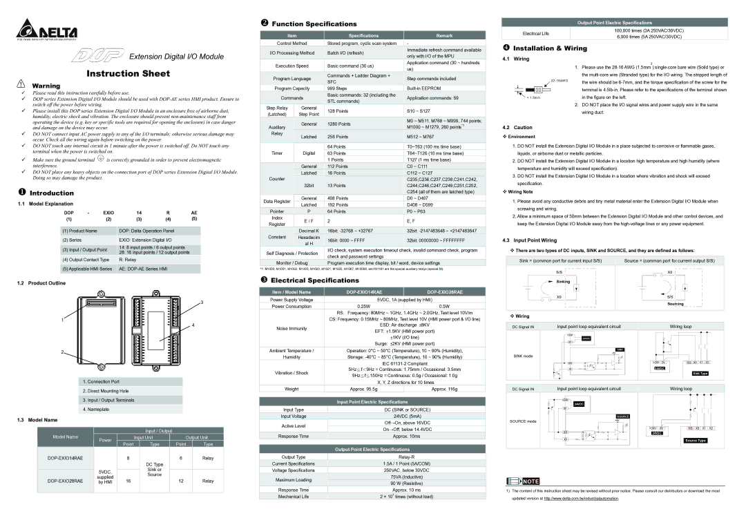 Delta Electronics DOP instruction sheet Introduction, Function Specifications, Electrical Specifications 