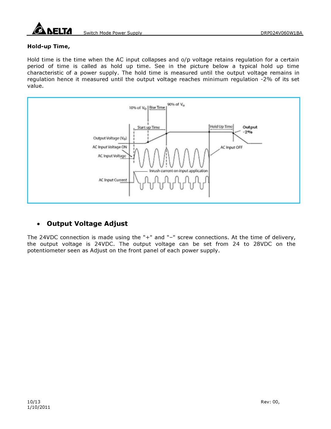 Delta Electronics DRP024V060W1BA warranty ∙ Output Voltage Adjust, Hold-up Time 
