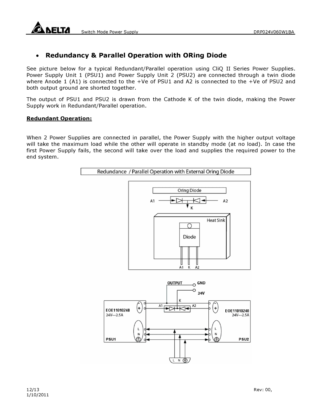 Delta Electronics DRP024V060W1BA warranty ∙ Redundancy & Parallel Operation with ORing Diode, Redundant Operation 