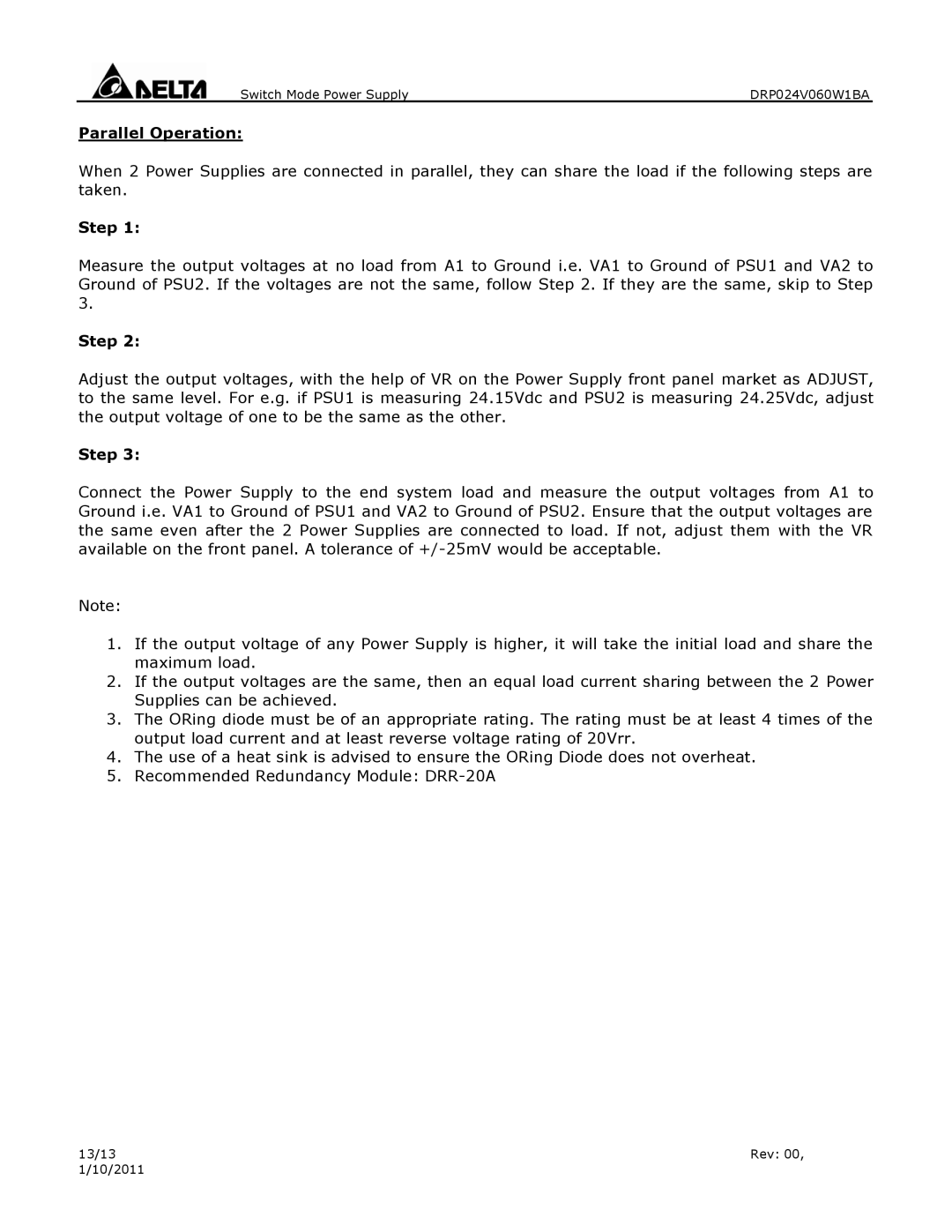 Delta Electronics DRP024V060W1BA warranty Parallel Operation, Step 