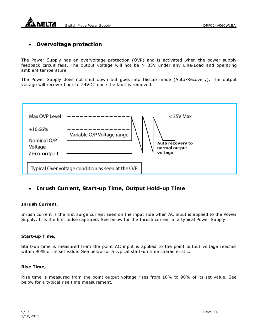 Delta Electronics DRP024V060W1BA ∙ Overvoltage protection, ∙ Inrush Current, Start-up Time, Output Hold-up Time, Rise Time 