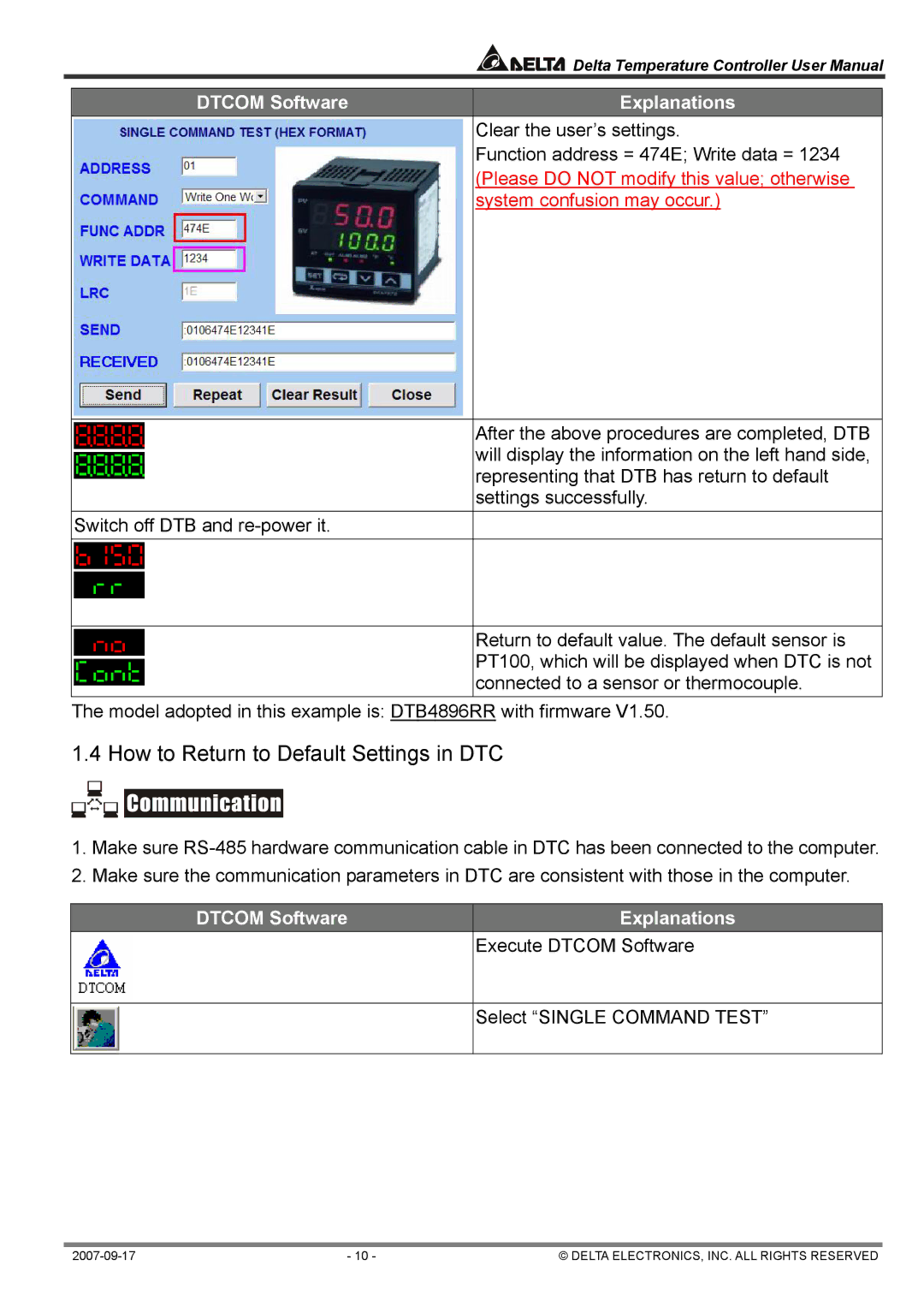 Delta Electronics DTC1000R, DTA4896R1 user manual How to Return to Default Settings in DTC 