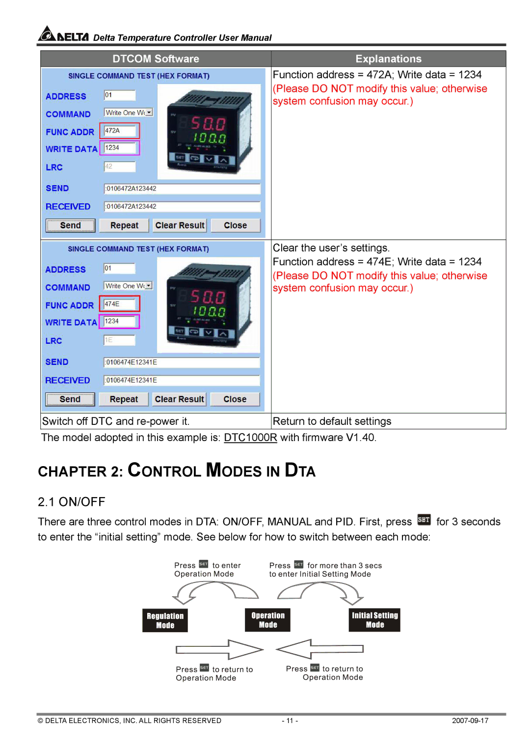 Delta Electronics DTA4896R1, DTC1000R user manual Control Modes in DTA, On/Off 